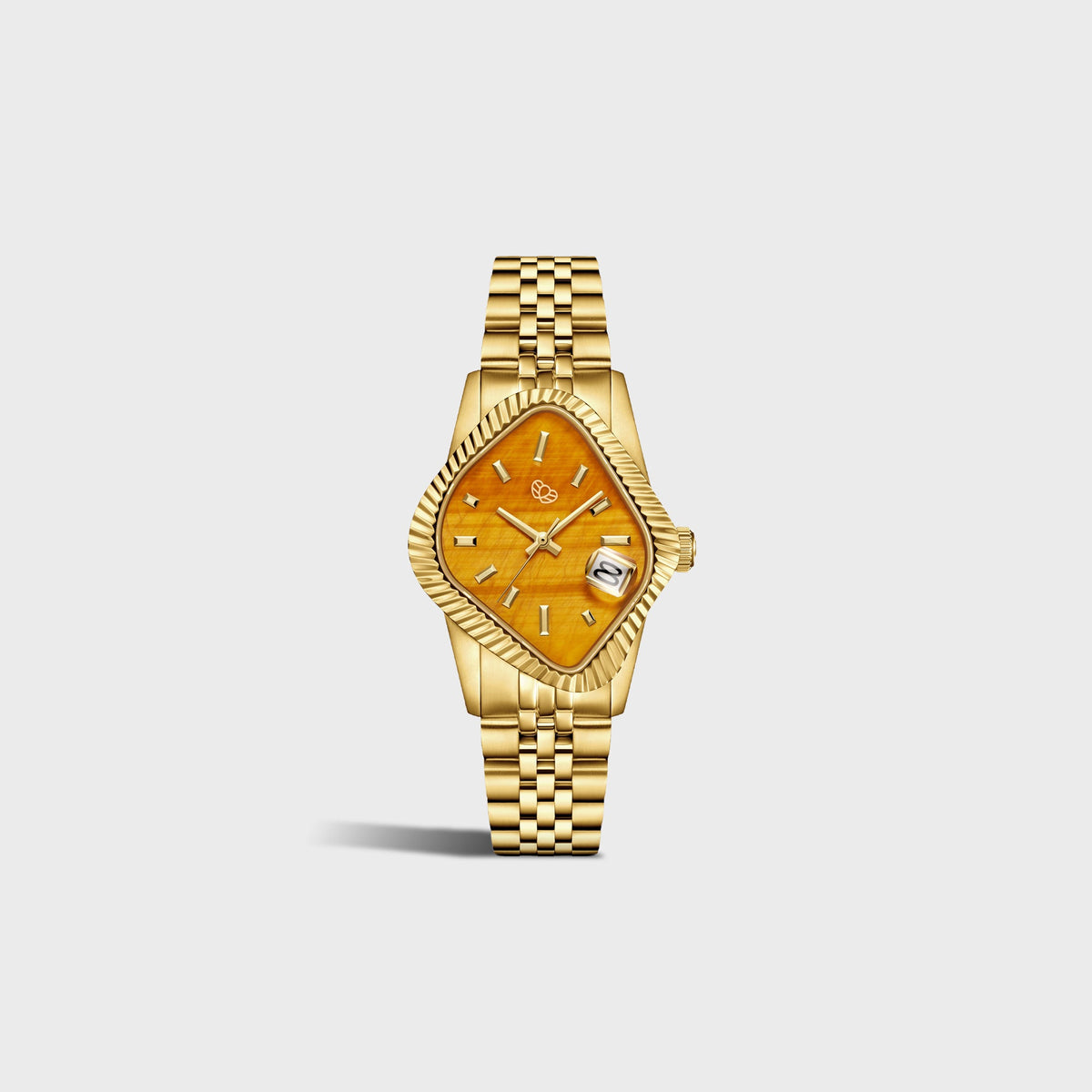 LAARVEE Golden Precision Steel watch with fluted bezel and tiger's eye dial, small side view
