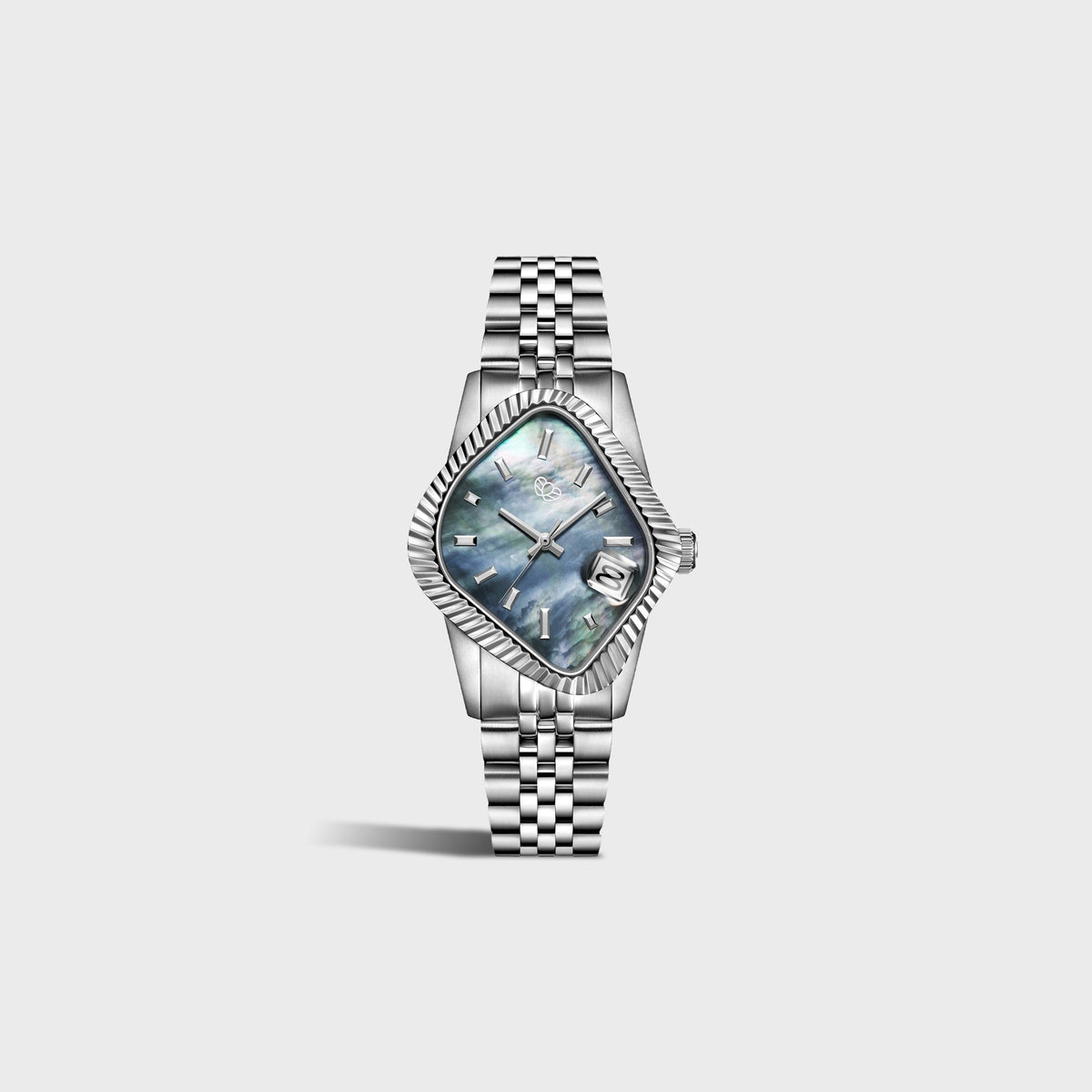 LAARVEE Silver Precision Steel watch with fluted bezel and black mother of pearl dial, side angled view