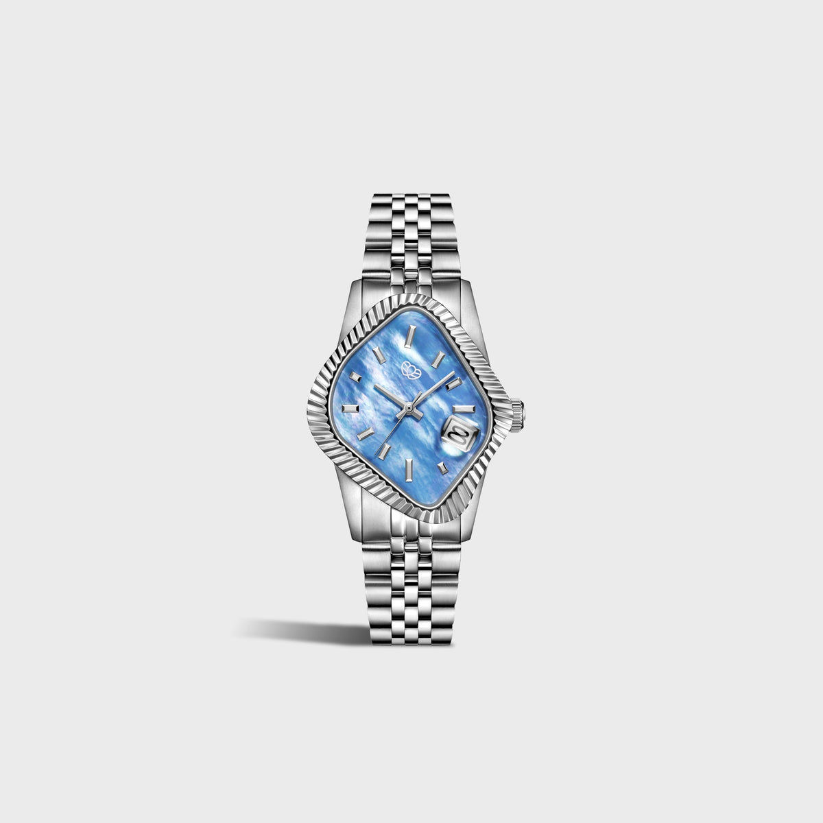 LAARVEE Silver Precision Steel watch with fluted bezel and light blue mother of pearl dial, full bracelet angled view