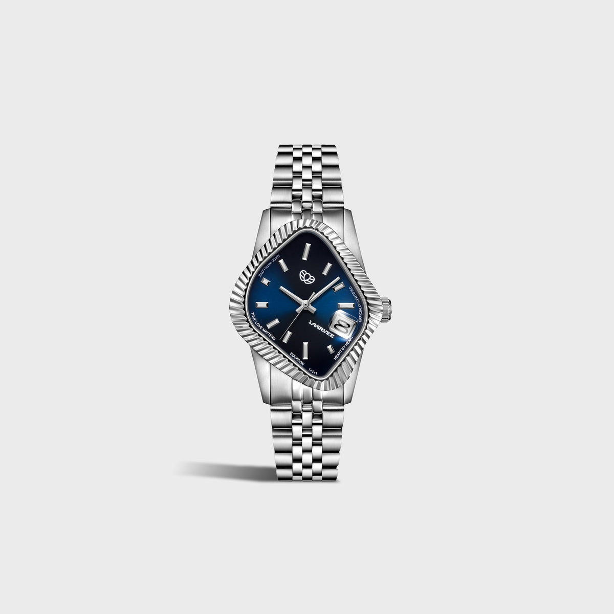 LAARVEE Silver Precision Steel watch with fluted bezel and dark blue dial, full bracelet angled view