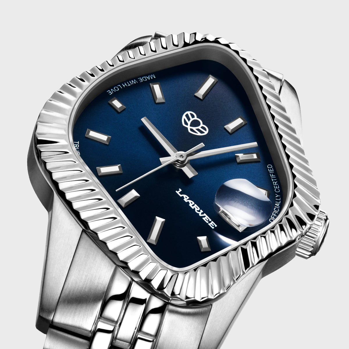 LAARVEE Silver Precision Steel watch with fluted bezel and dark blue dial, close-up angled dial view