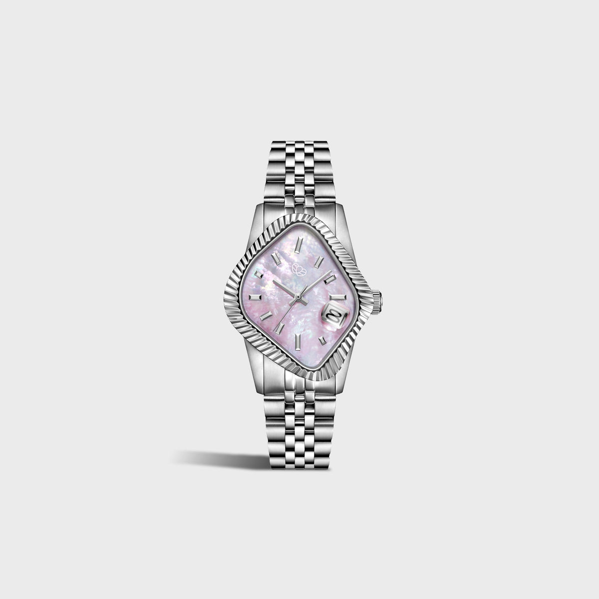LAARVEE Silver Precision Steel watch with fluted bezel and pink mother of pearl dial, full bracelet angled view