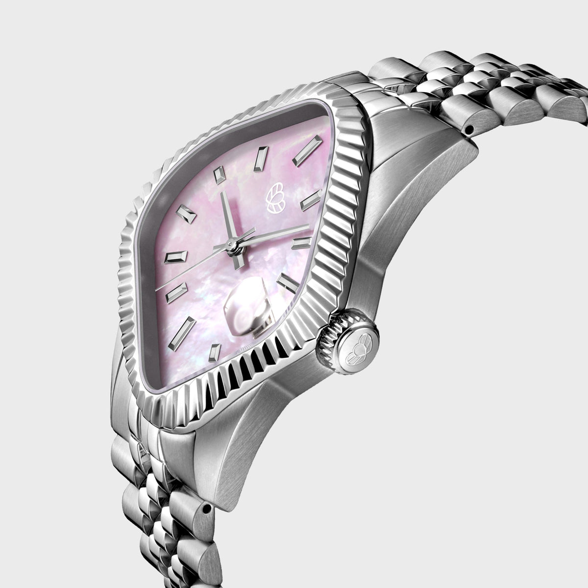 LAARVEE Silver Precision Steel watch with fluted bezel and pink mother of pearl dial, close-up angled dial view