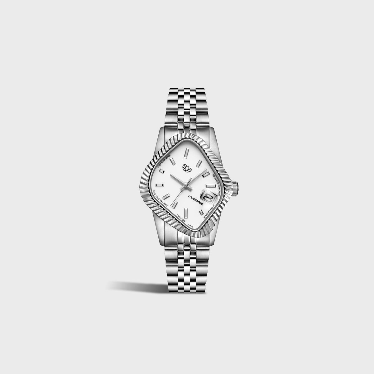 LAARVEE Silver Precision Steel watch with fluted bezel and white dial, small side view