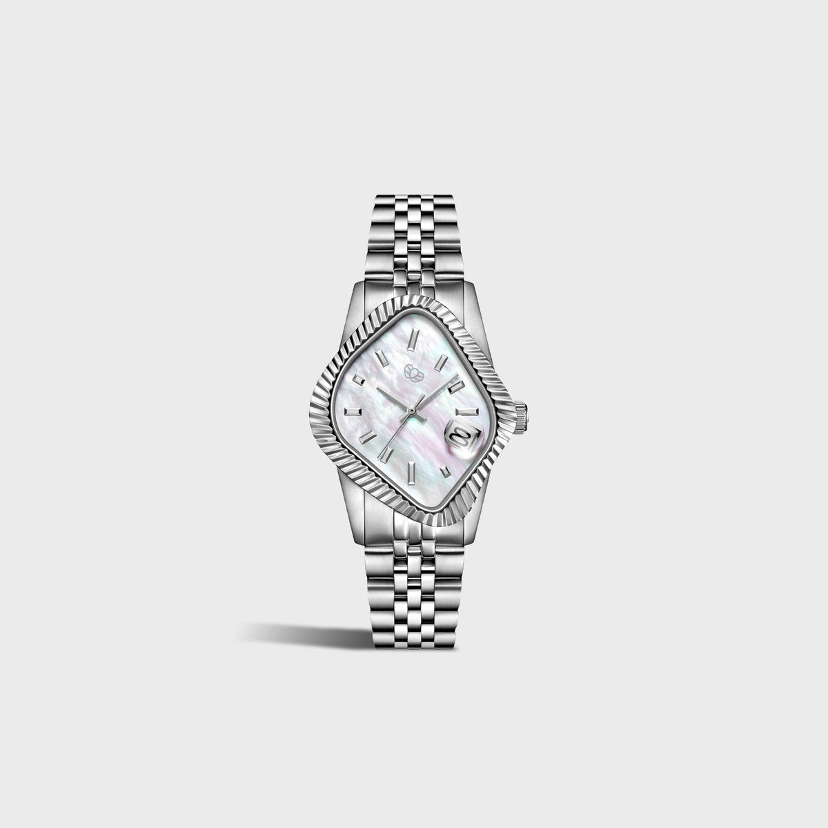 LAARVEE Silver Precision Steel watch with fluted bezel and white mother of pearl dial, full bracelet angled view