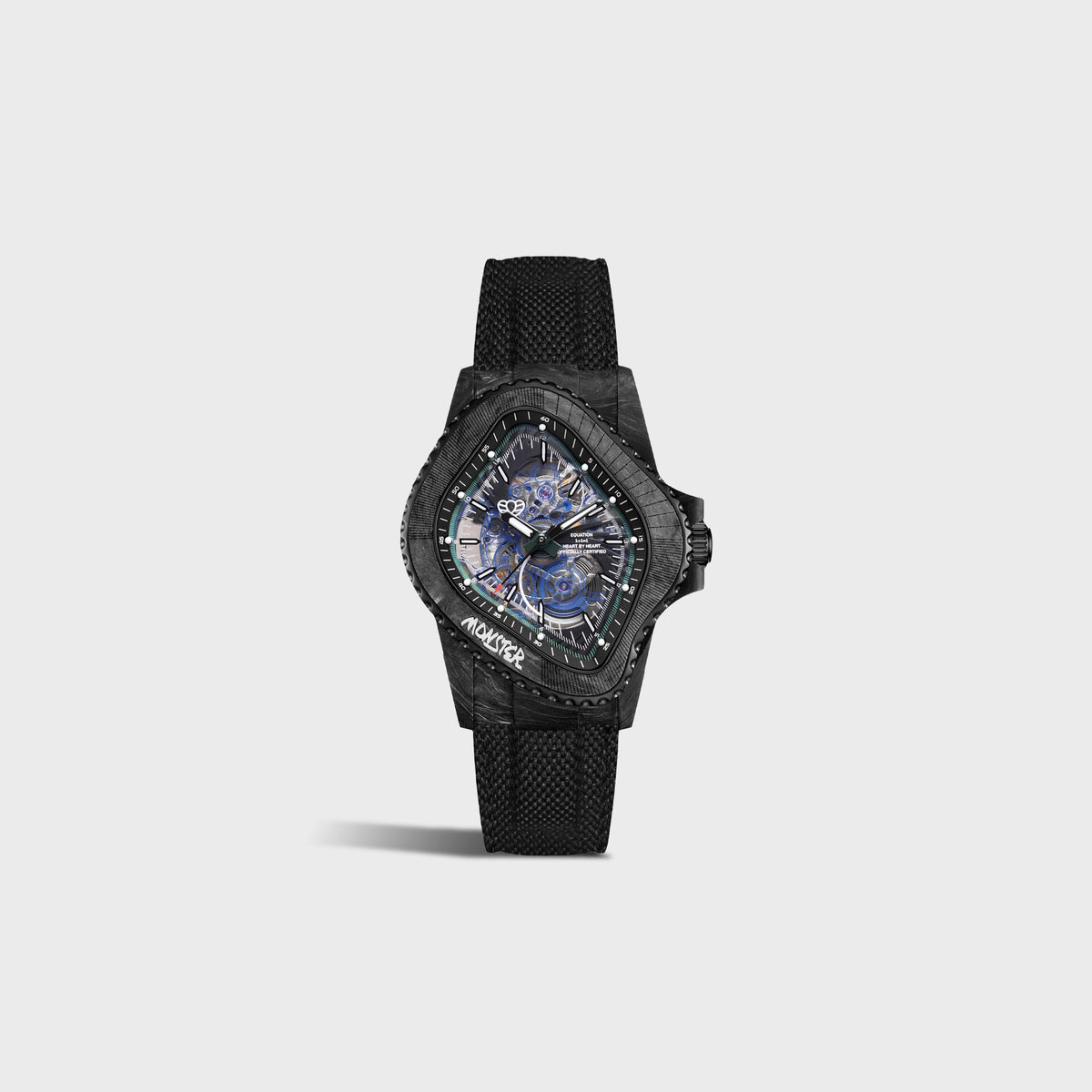 LAARVEE Black Carbon Fiber Resin Composite watch with skeleton dial and fabric strap, small side view