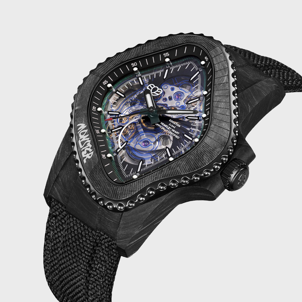 LAARVEE Black Carbon Fiber Resin Composite watch with skeleton dial and fabric strap, close-up angled view