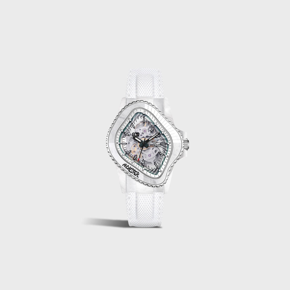 LAARVEE Glass Fiber Resin Composite watch in white with skeleton dial, small side view