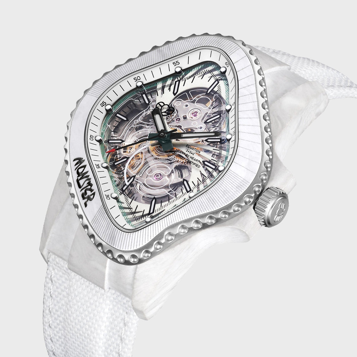 LAARVEE Glass Fiber Resin Composite watch in white with skeleton dial, close-up angled view