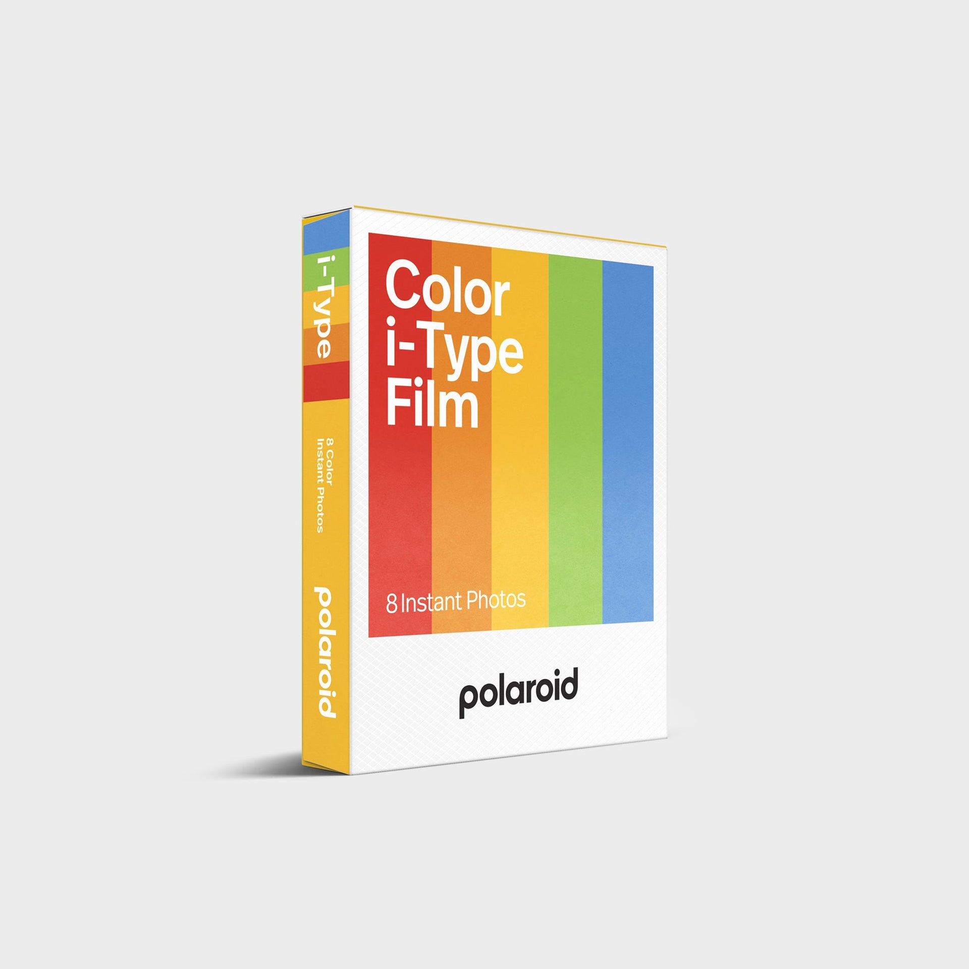 Polaroid Color i-Type Film box, front angle: white pack with vertical rainbow stripes, holds 8 instant photos
