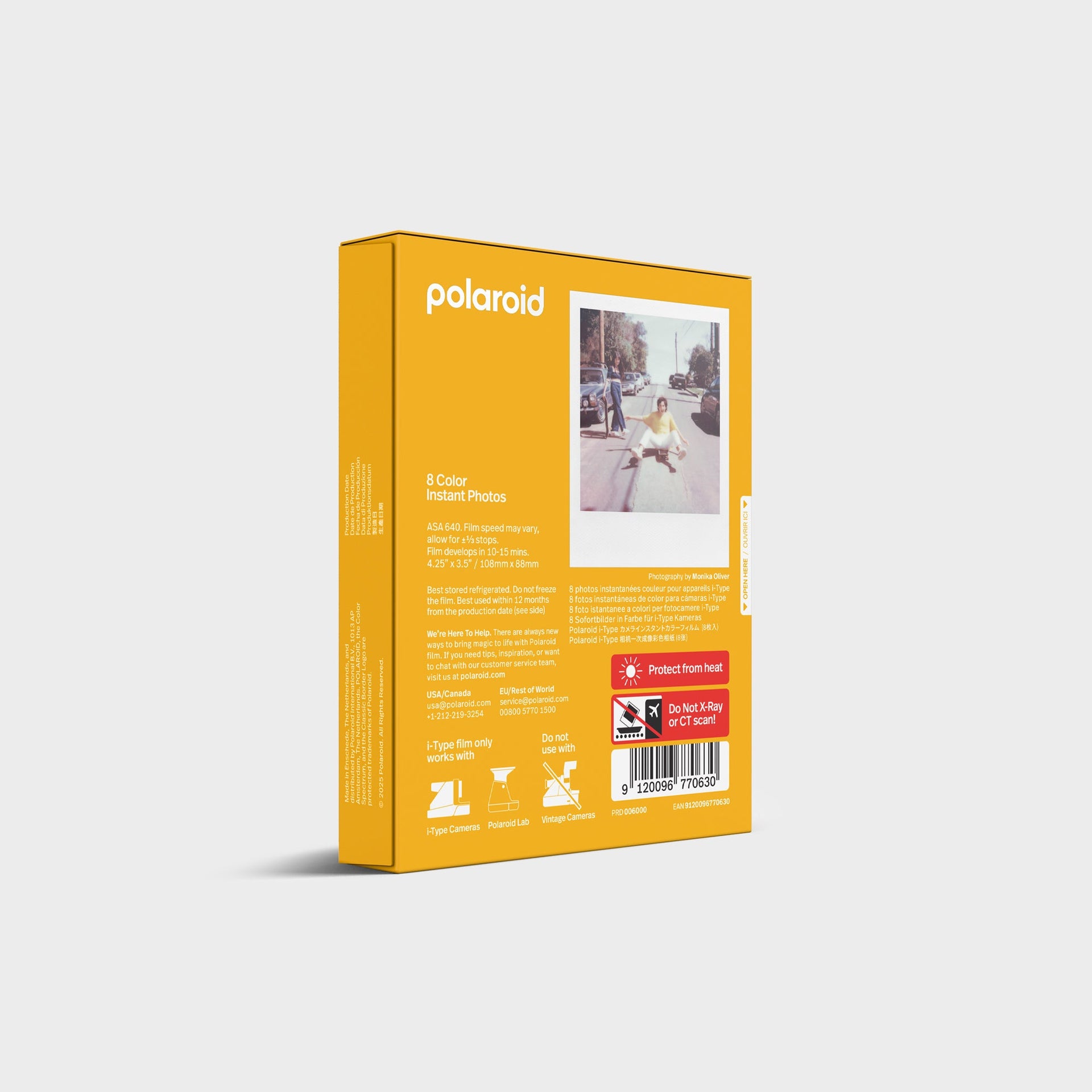 Back of Polaroid Color i-Type Film box in yellow with ASA 640 and storage details and a sample instant photo