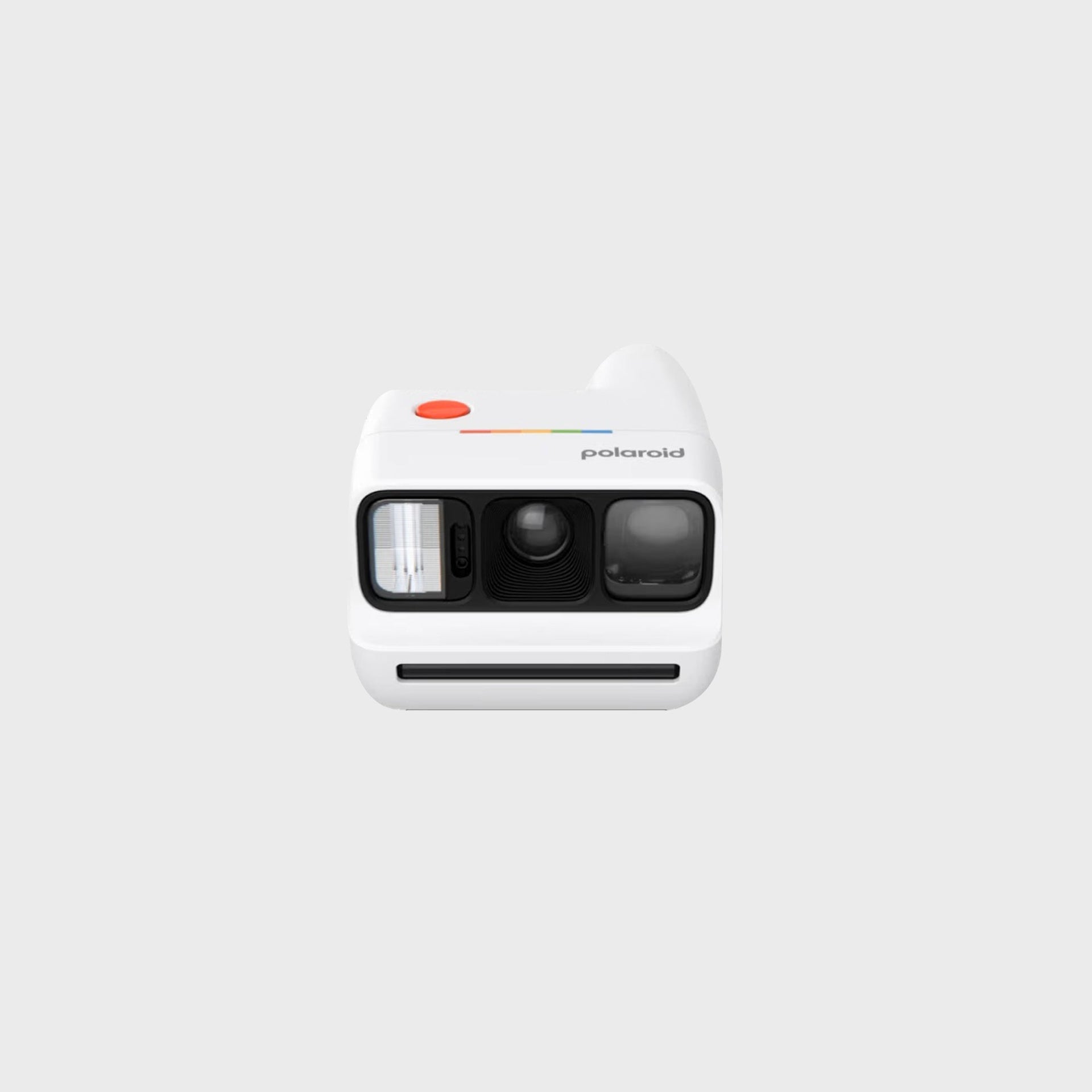 Polaroid Go Generation 3 camera in white, front view: compact instant camera with flash, lens and rainbow stripe