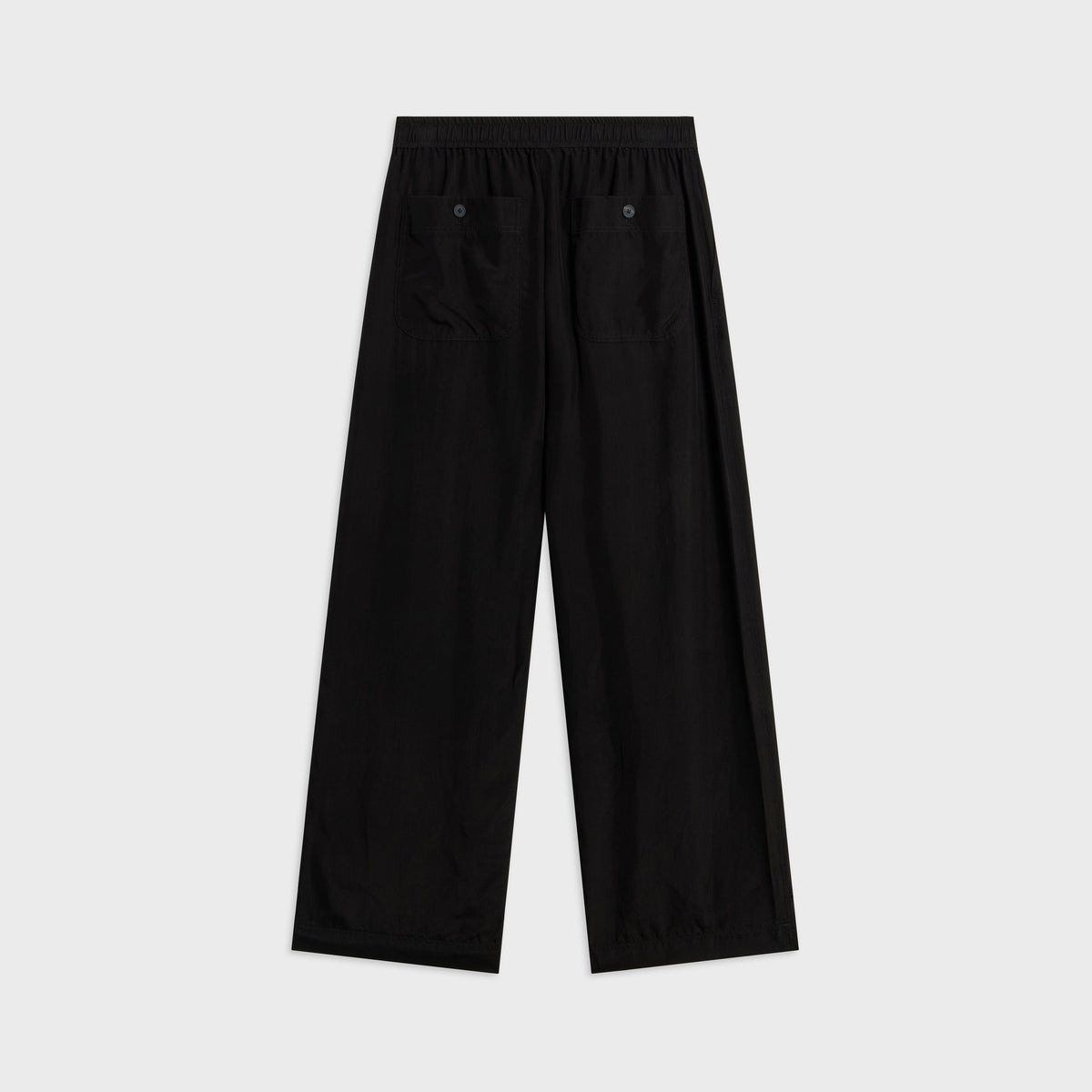 ATON Fibril Silk Tafta Easy Baker Pant in charcoal grey, back view with elastic waist and patch pockets