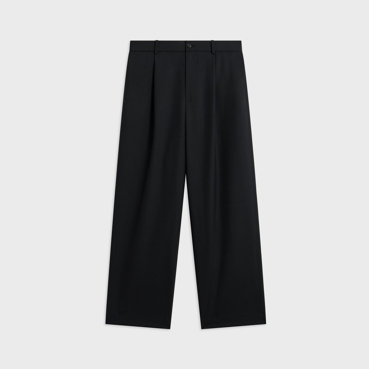 ATON Wool Tropical Loose Fit Pant in black, front view with single pleat and wide straight leg