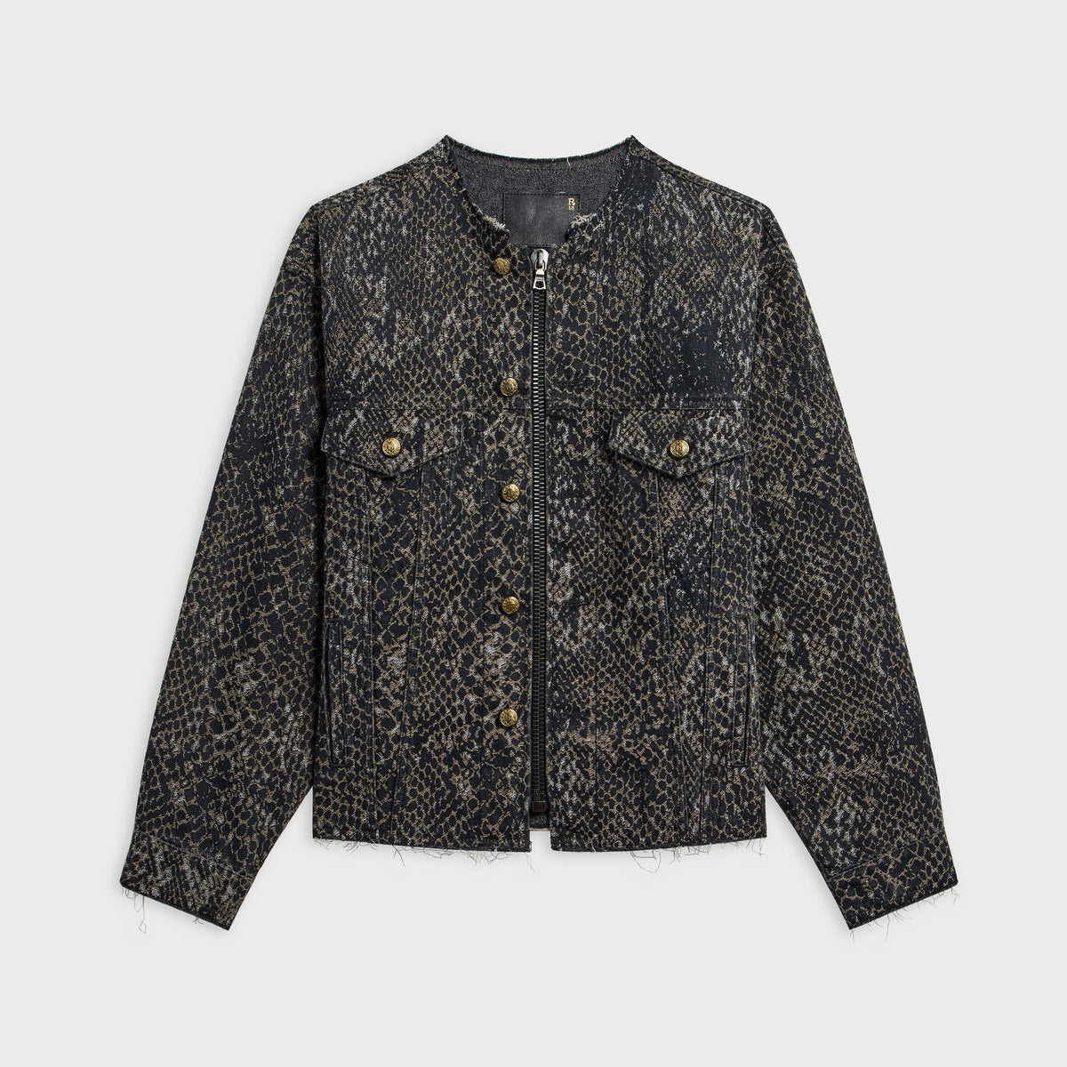 R13 Collarless Zip-Up Trucker Jacket - Brown Snake Jacquard