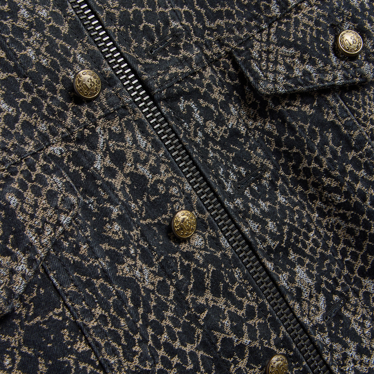 R13 Collarless Zip-Up Trucker Jacket - Brown Snake Jacquard