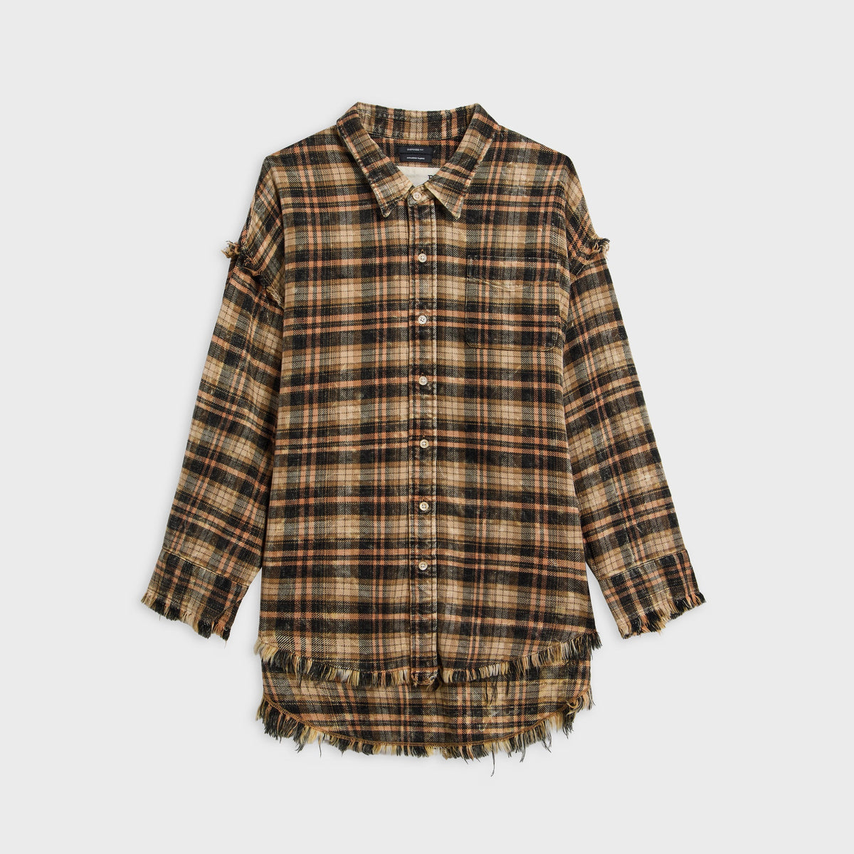 R13 Shredded Seam Drop Neck Shirt - Brown Pink Plaid