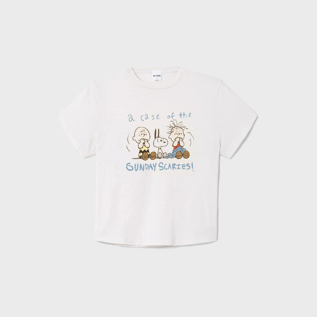 ReDone 50s Boxy Scaries Tee in Vintage White, cream tee with retro Halloween graphic print