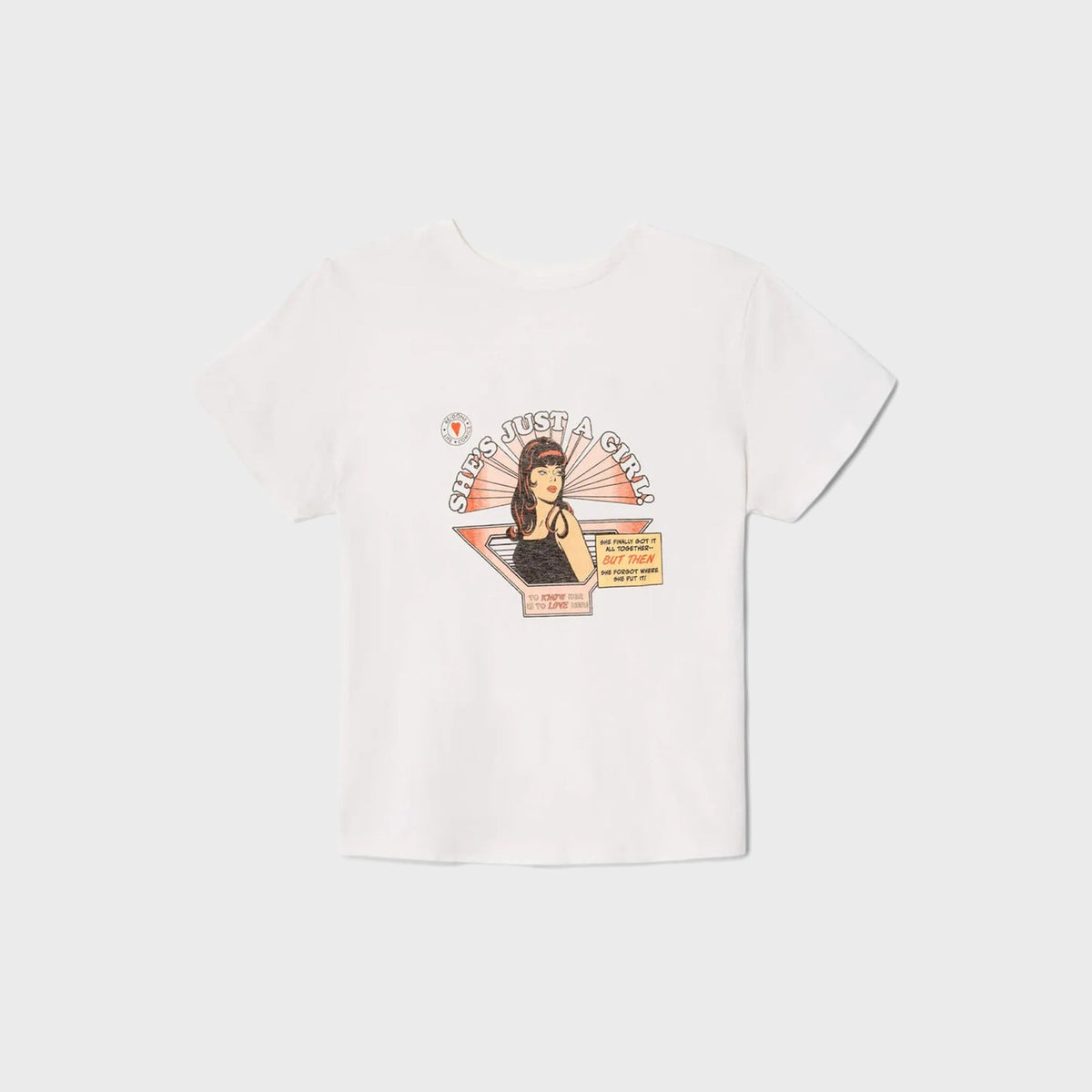 ReDone Classic Just A Girl Tee in Vintage White, cream tee with retro graphic print