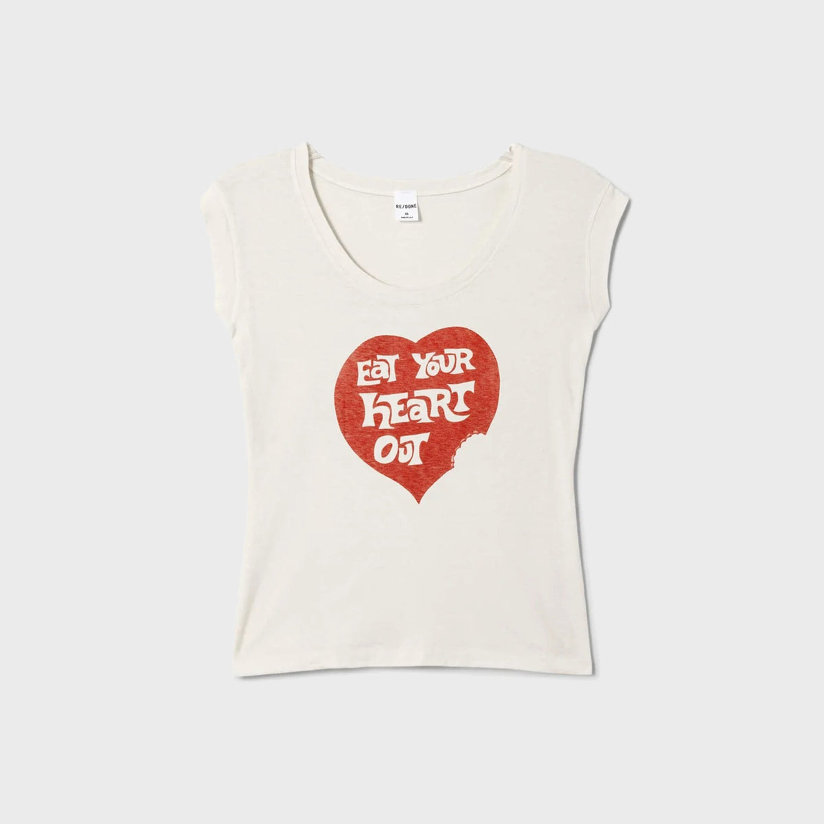 ReDone Freddie Tee Eat Your Heart in Vintage White, cream tee with red heart graphic print