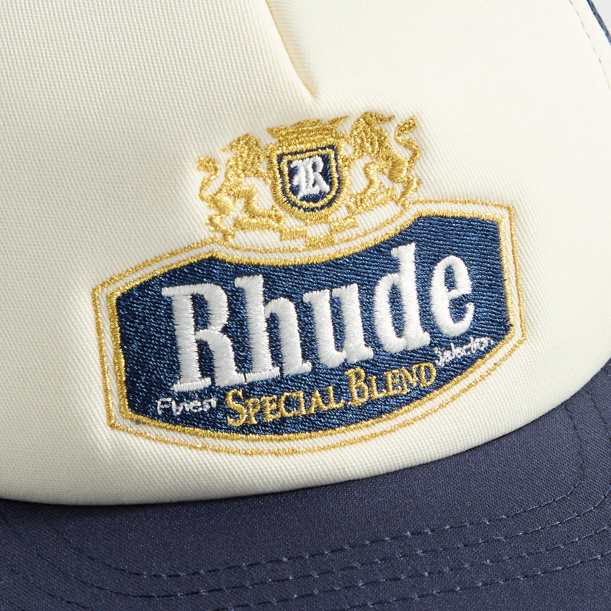 Rhude SpecialinBlend Trucker Cap in Navy / OffinWhite