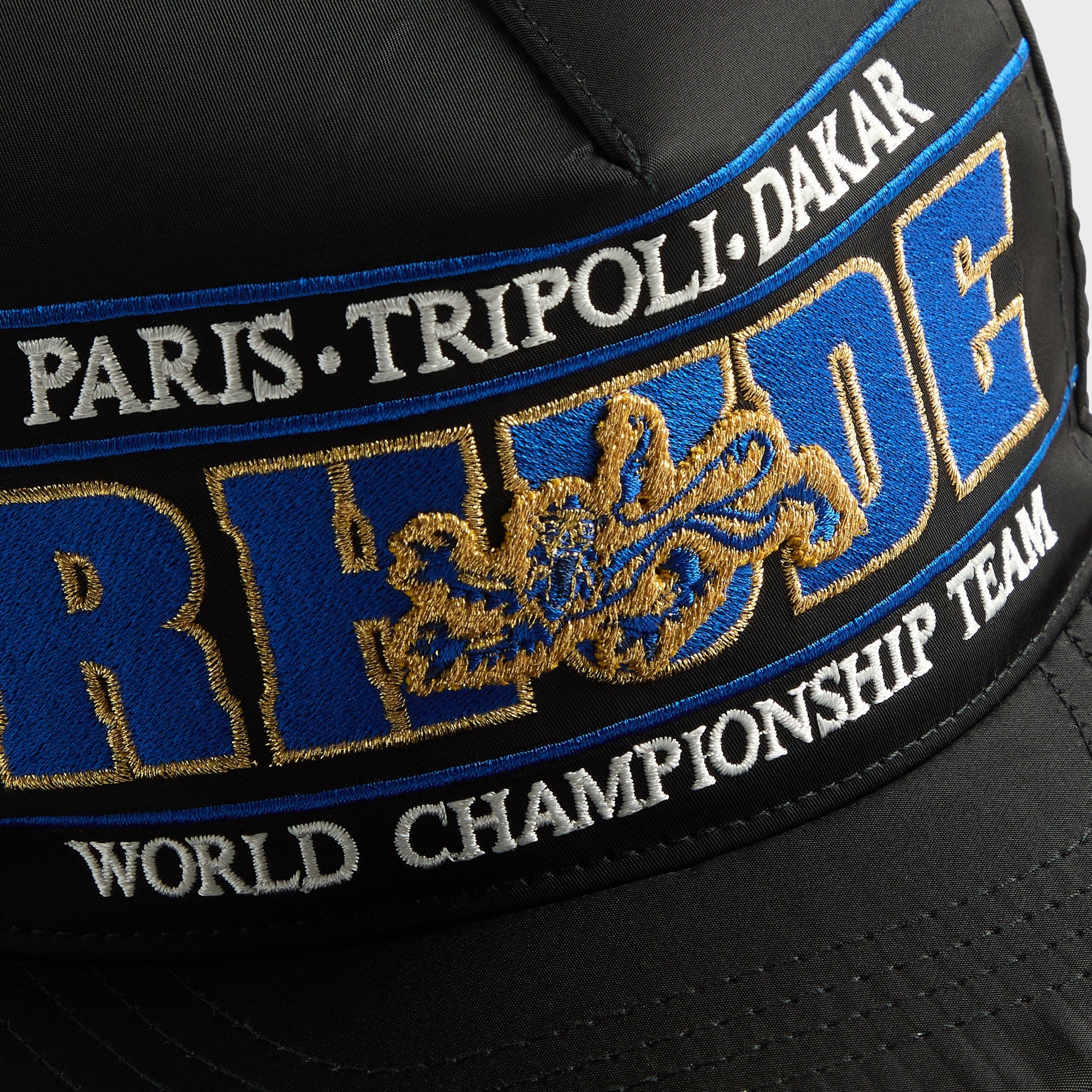 Rhude Chrono Logo Embroidered Trucker Hat - Black / Blue / Gold