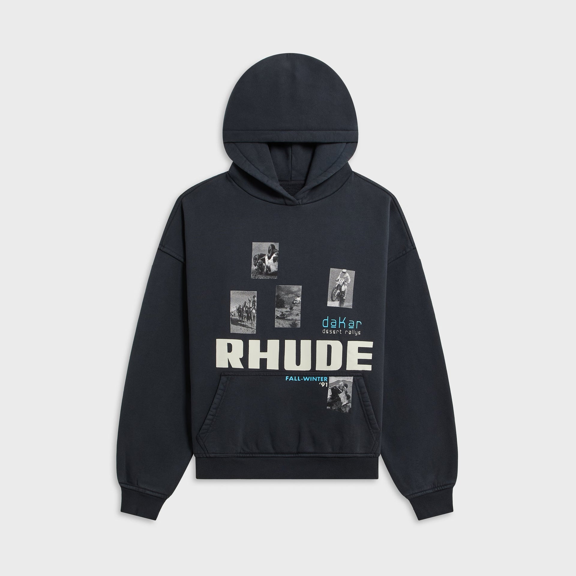 Rhude Winter 91 Rallye Hoodie, washed black, front with Dakar rally photo collage and RHUDE Fall-Winter 91 print