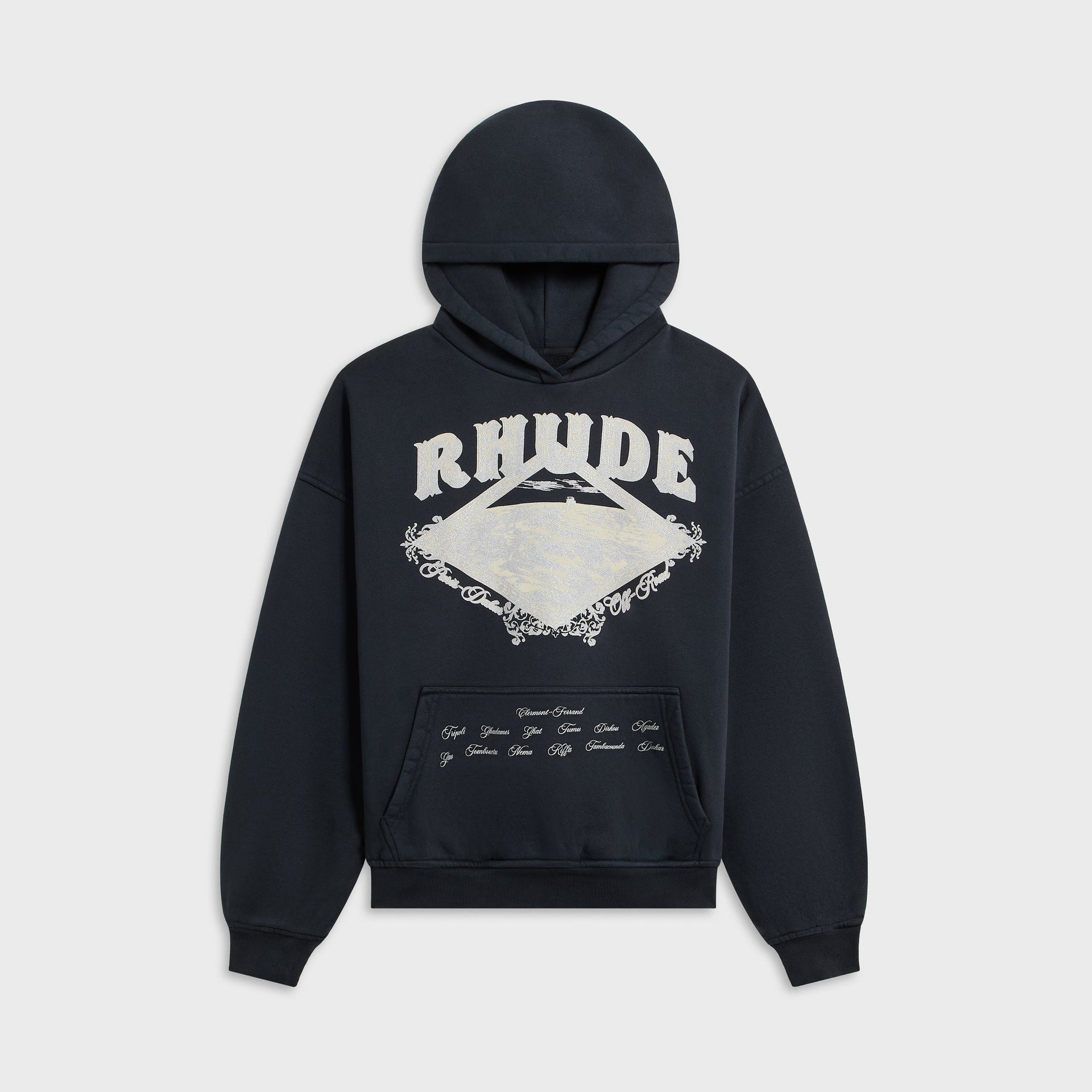Rhude Dakar Convoy hoodie in vintage black, front with silver RHUDE rally diamond graphic and printed pocket