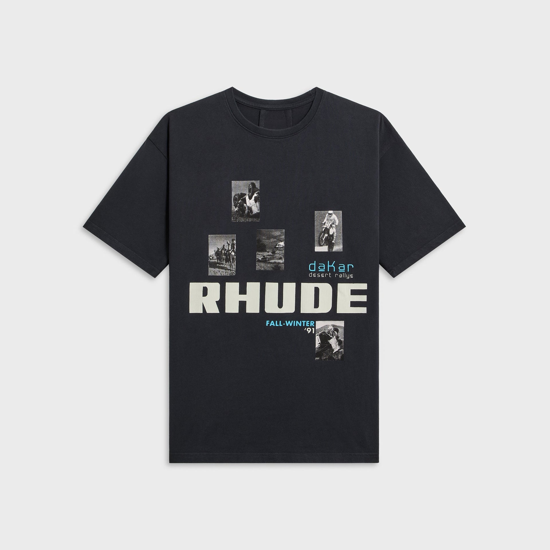 Rhude Winter 91 Rallye Tee, vintage black, front with Dakar rally photo collage and cream RHUDE Fall-Winter 91