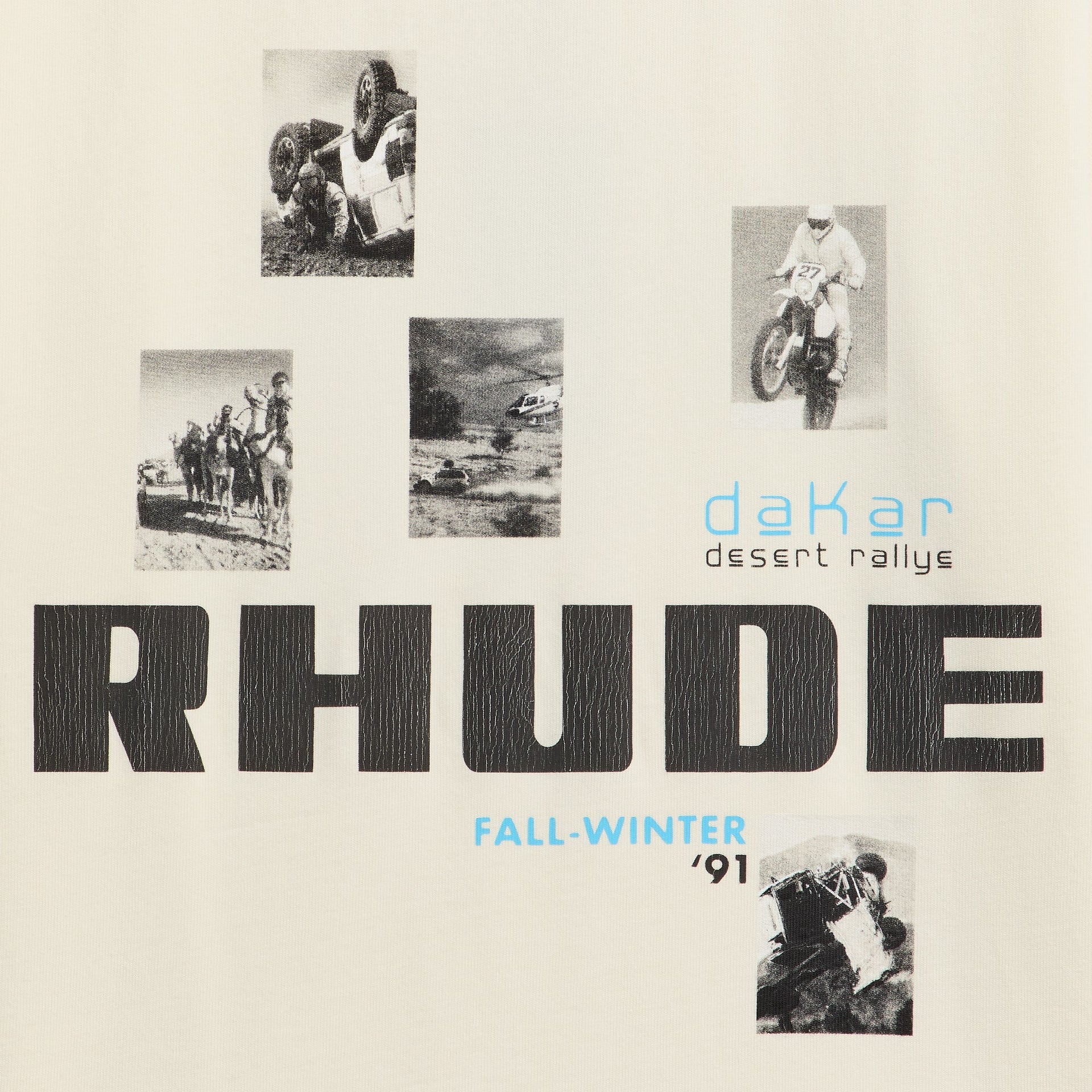 Rhude Winter 91 Rallye Tee detail, close-up of black-and-white Dakar rally photos and black RHUDE print