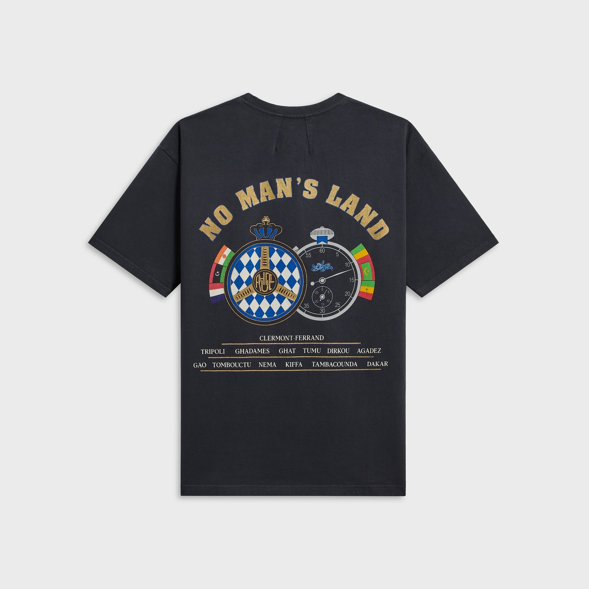 Rhude Chrono vintage black tee, back with No Man's Land rally graphic of stopwatches, flags and city route