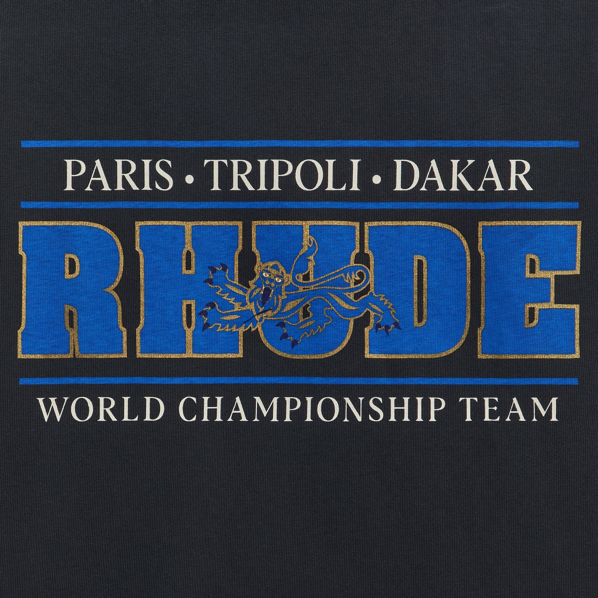 Rhude Chrono tee, close-up of blue and gold RHUDE World Championship Team chest print
