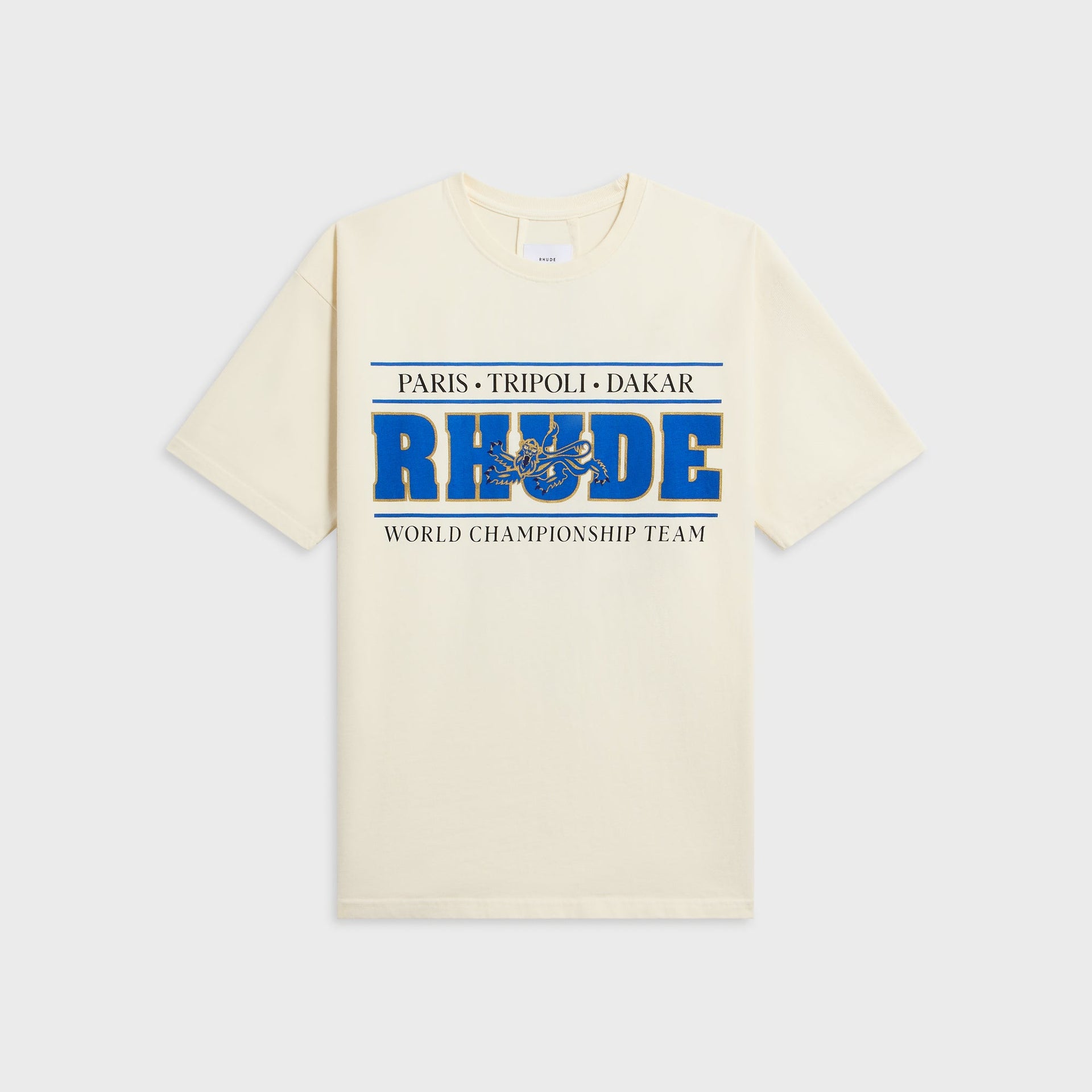 Rhude Chrono Tee, vintage white, front with blue and gold RHUDE Paris-Tripoli-Dakar World Championship Team print