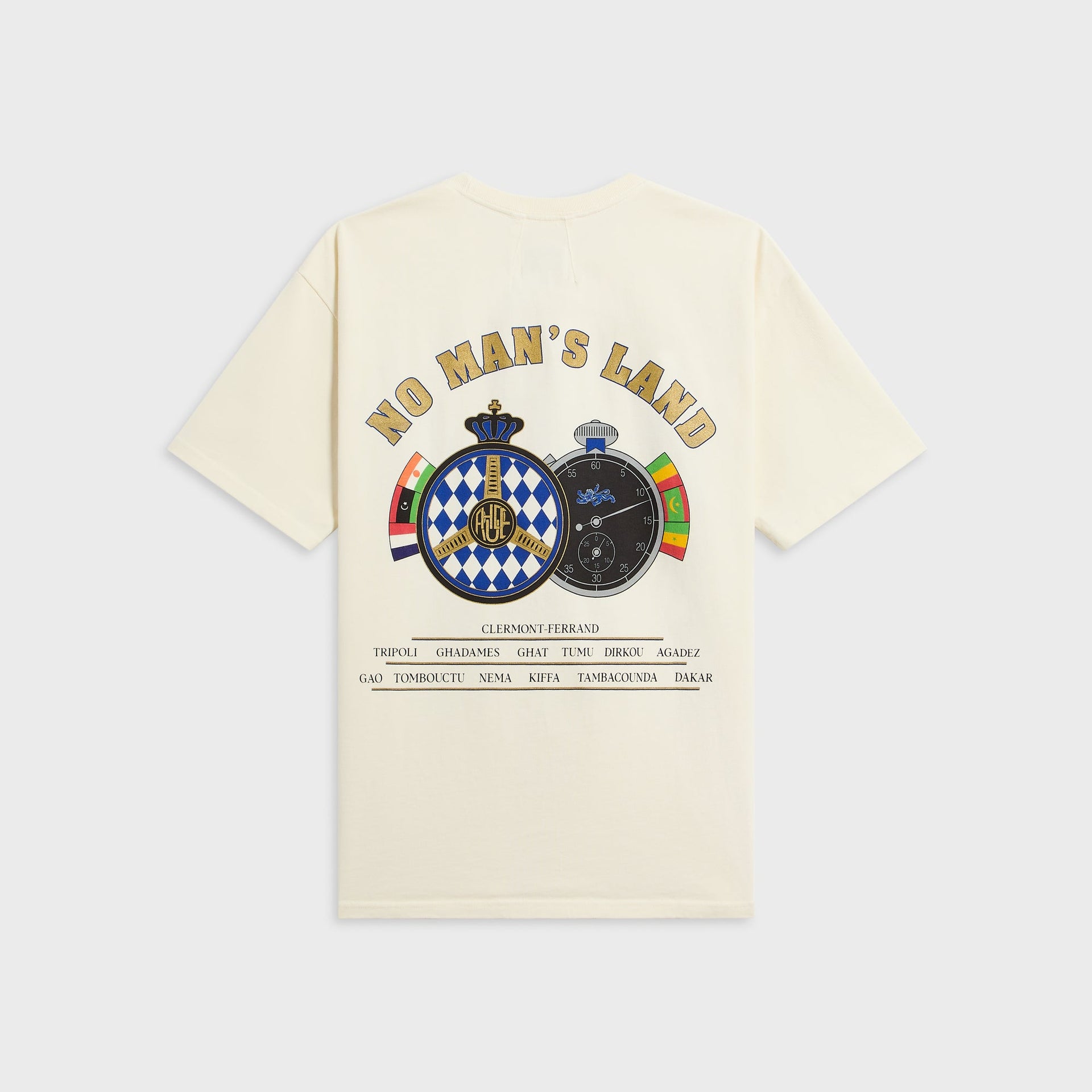 Rhude Chrono Tee, vintage white, back with No Man's Land steering wheel and stopwatch graphic, flags and city list