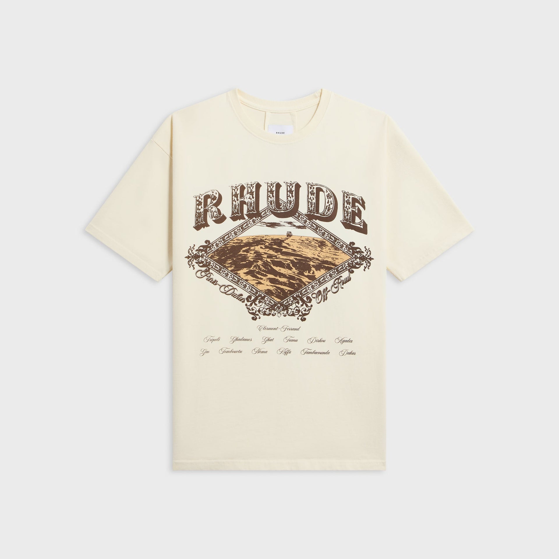 Rhude Dakar Convoy Tee, vintage white, front with brown RHUDE desert dune diamond graphic and 4x4, Paris-Dakar Off-Road