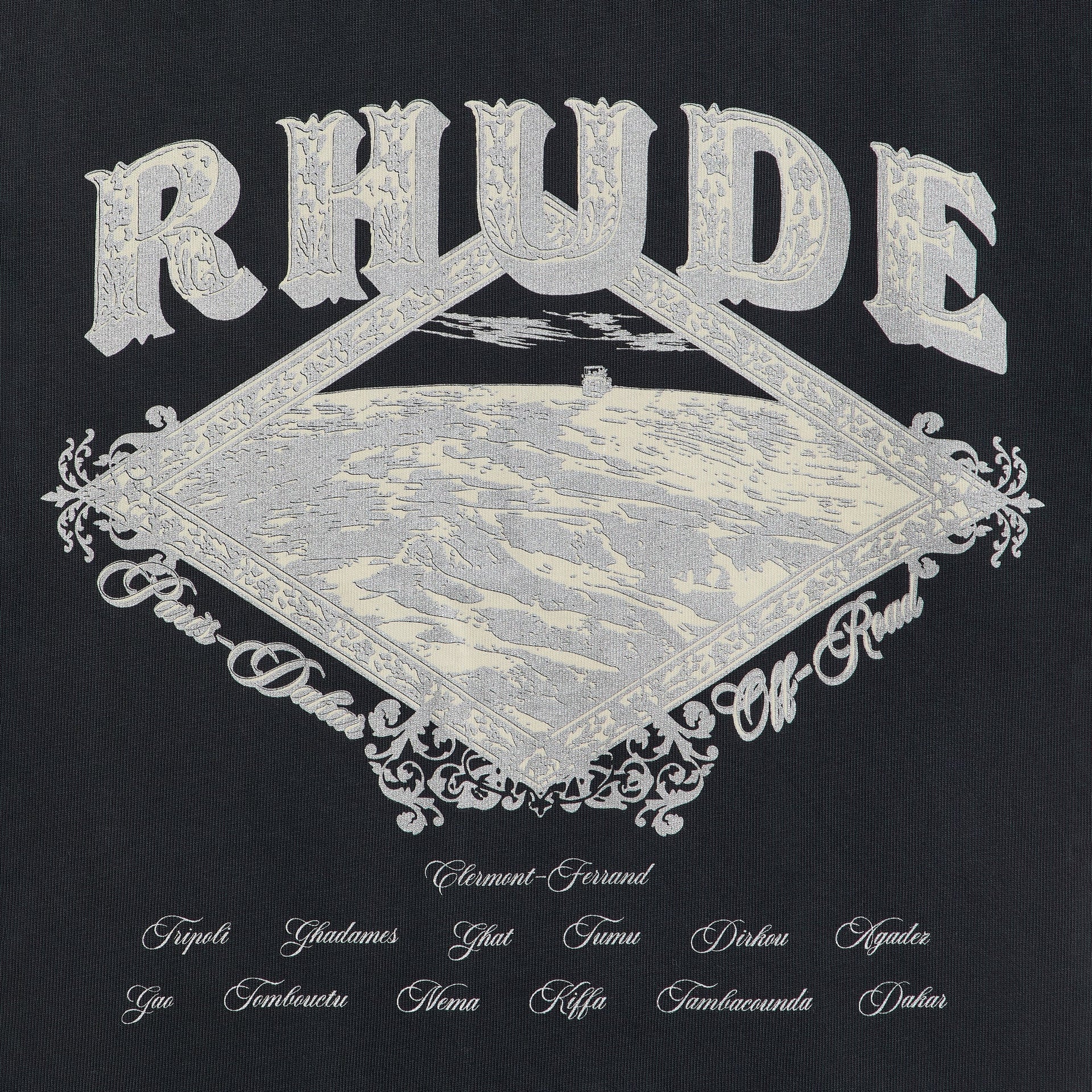 Rhude Dakar Convoy Tee detail, close-up of silver RHUDE desert dune diamond print on black