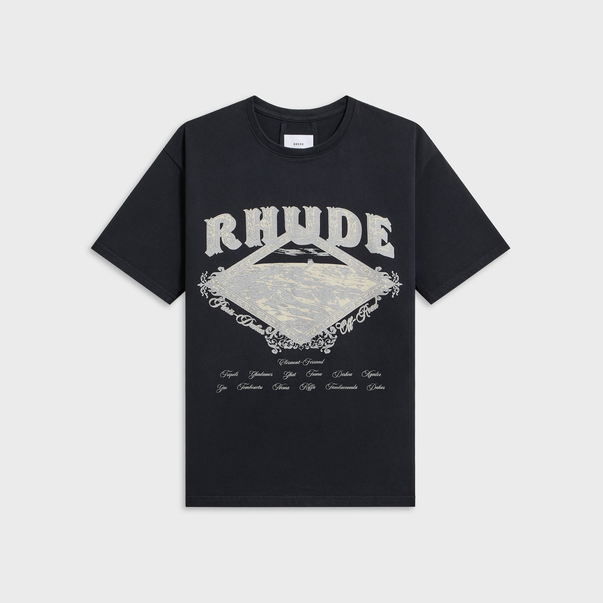 Rhude Dakar Convoy Tee, vintage black, front with silver RHUDE desert dune diamond graphic, Paris-Dakar Off-Road