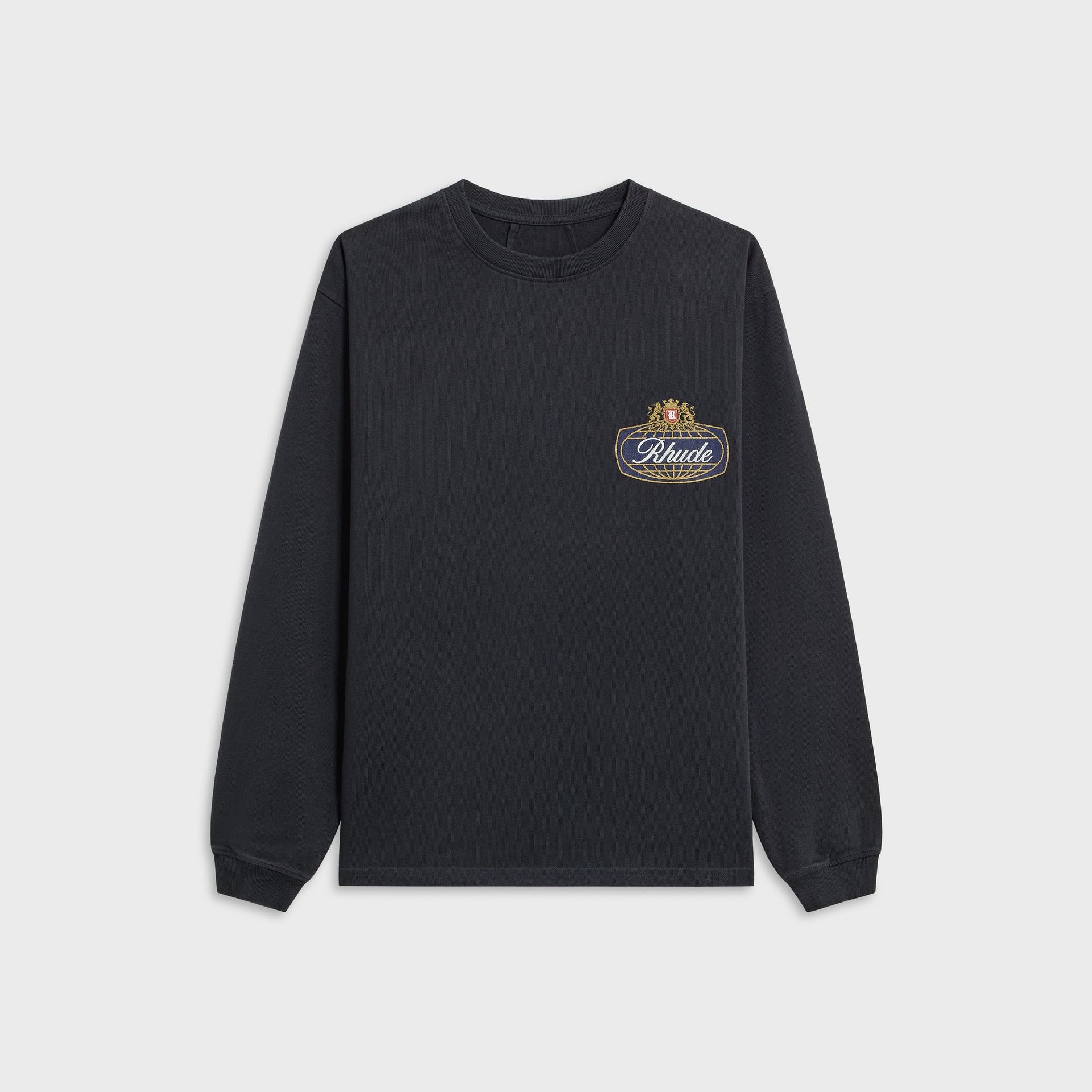 Rhude Safari Crest Long Sleeve Tee, black, front with small navy and gold globe crest Rhude logo at chest