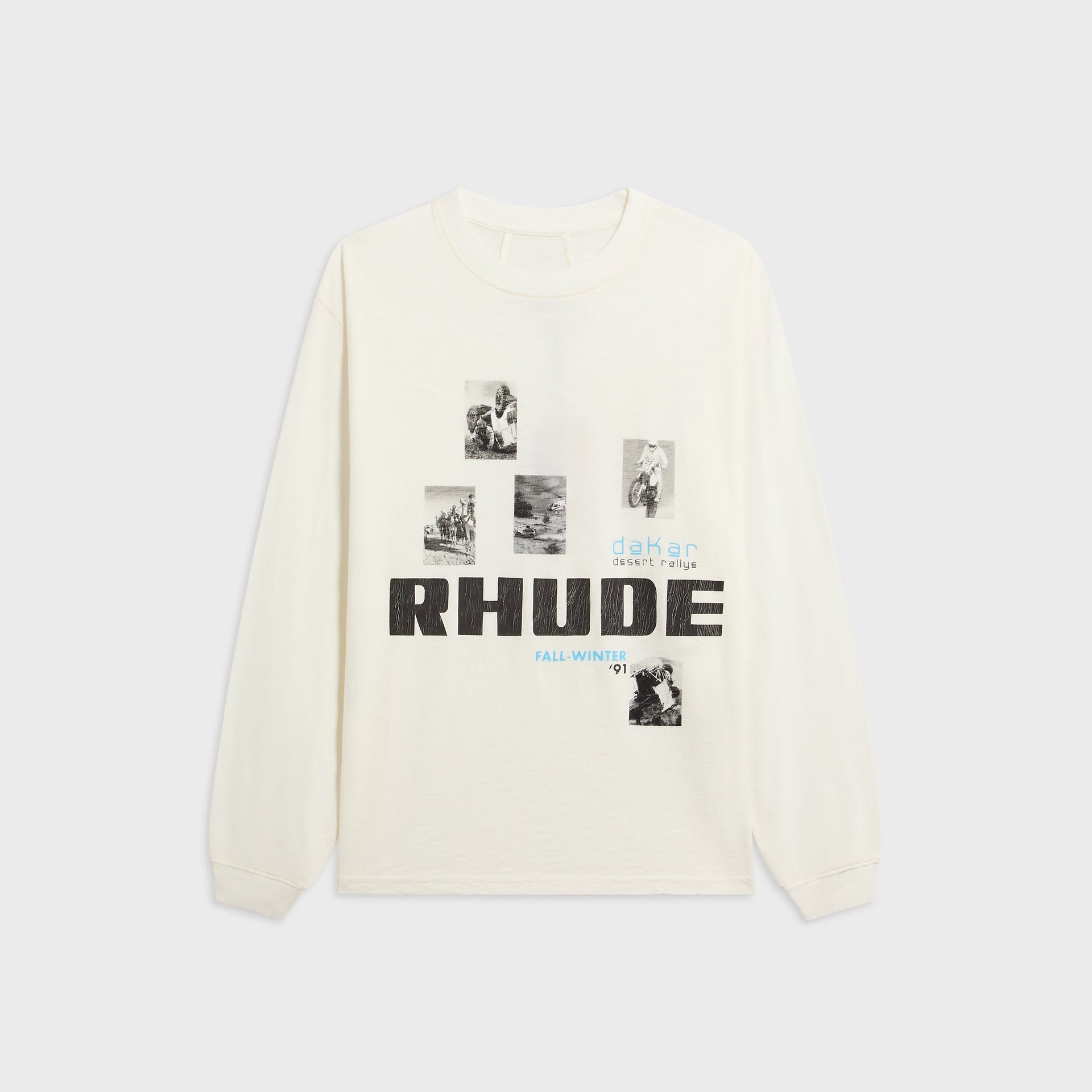 Rhude Winter 91 Rallye Long Sleeve Slub Tee, cream, front with Dakar rally photo collage and black RHUDE print