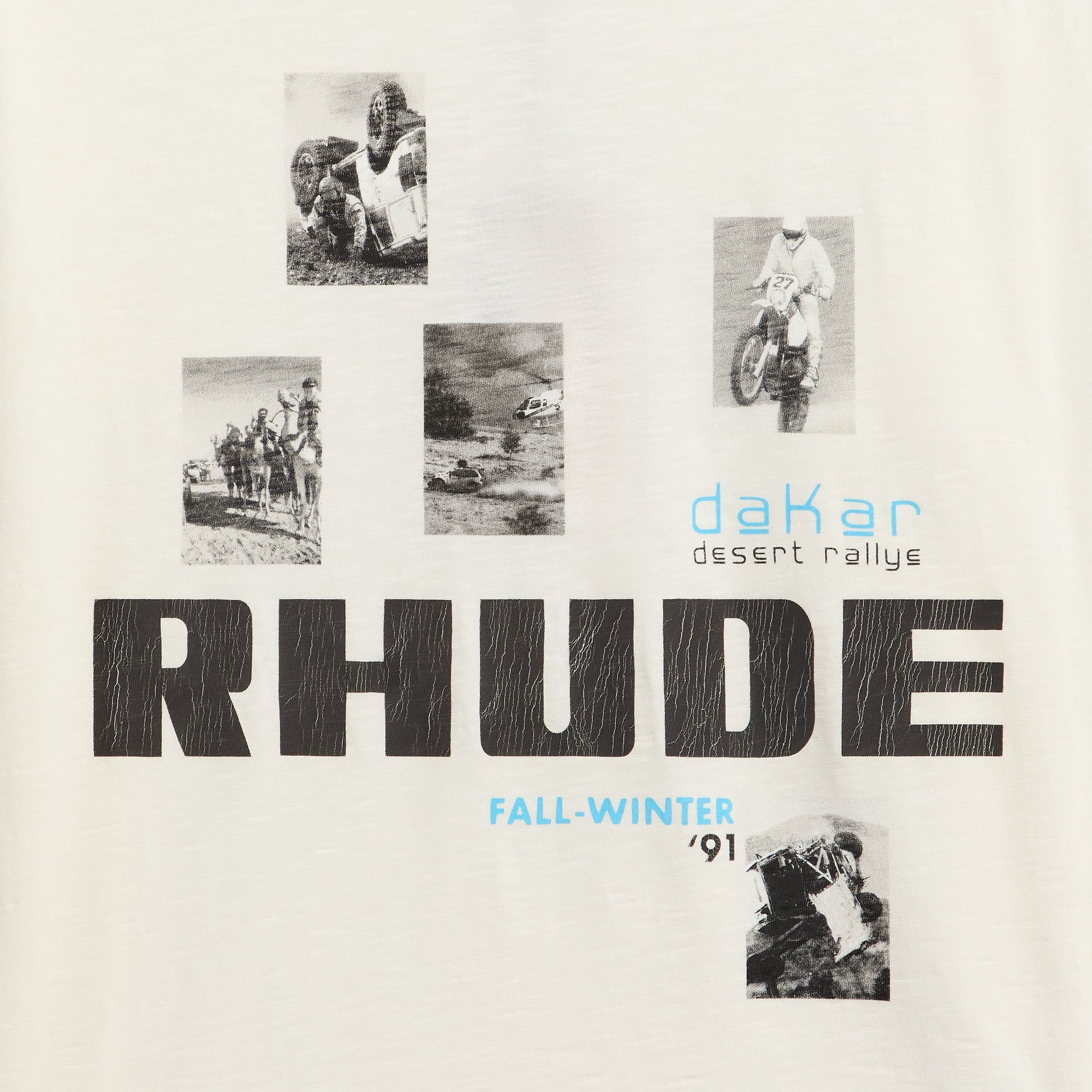 Rhude Winter 91 Rallye Slub Tee detail, close-up of Dakar desert rallye photos and black RHUDE, Fall-Winter 91