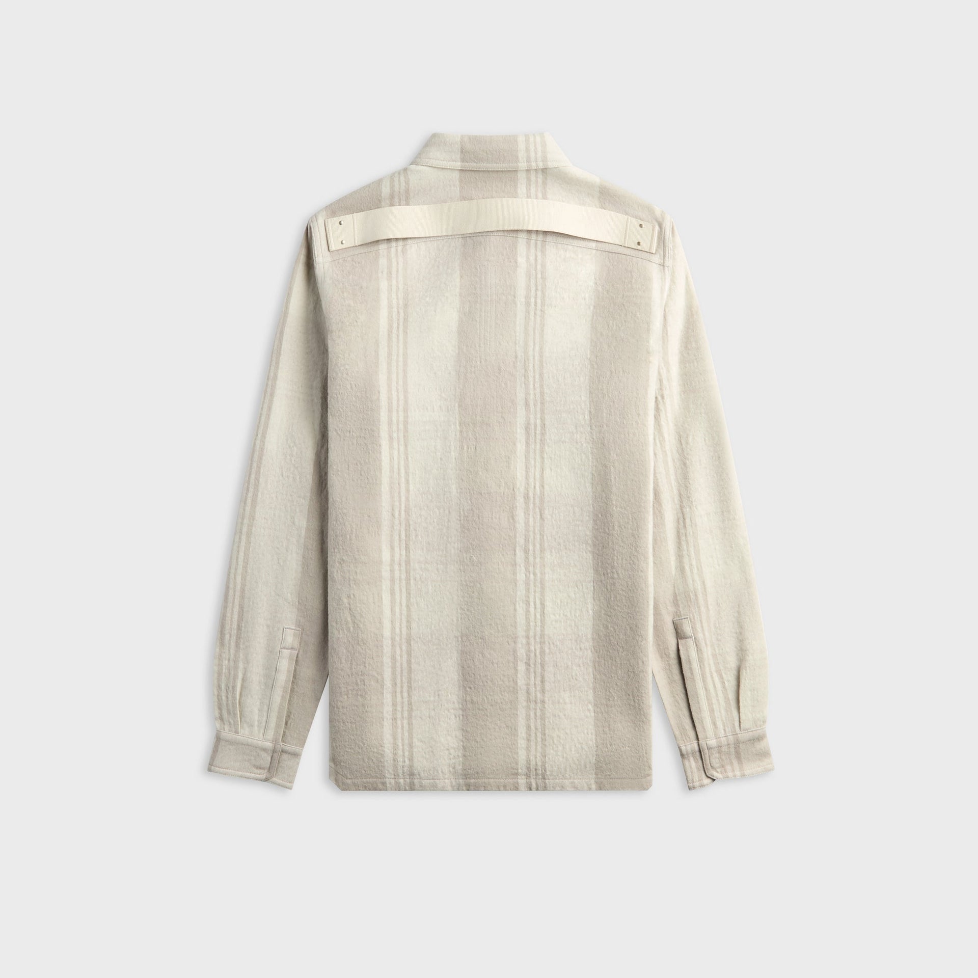 Rick Owens Camicia gray plaid overshirt, back view showing strapped yoke detail