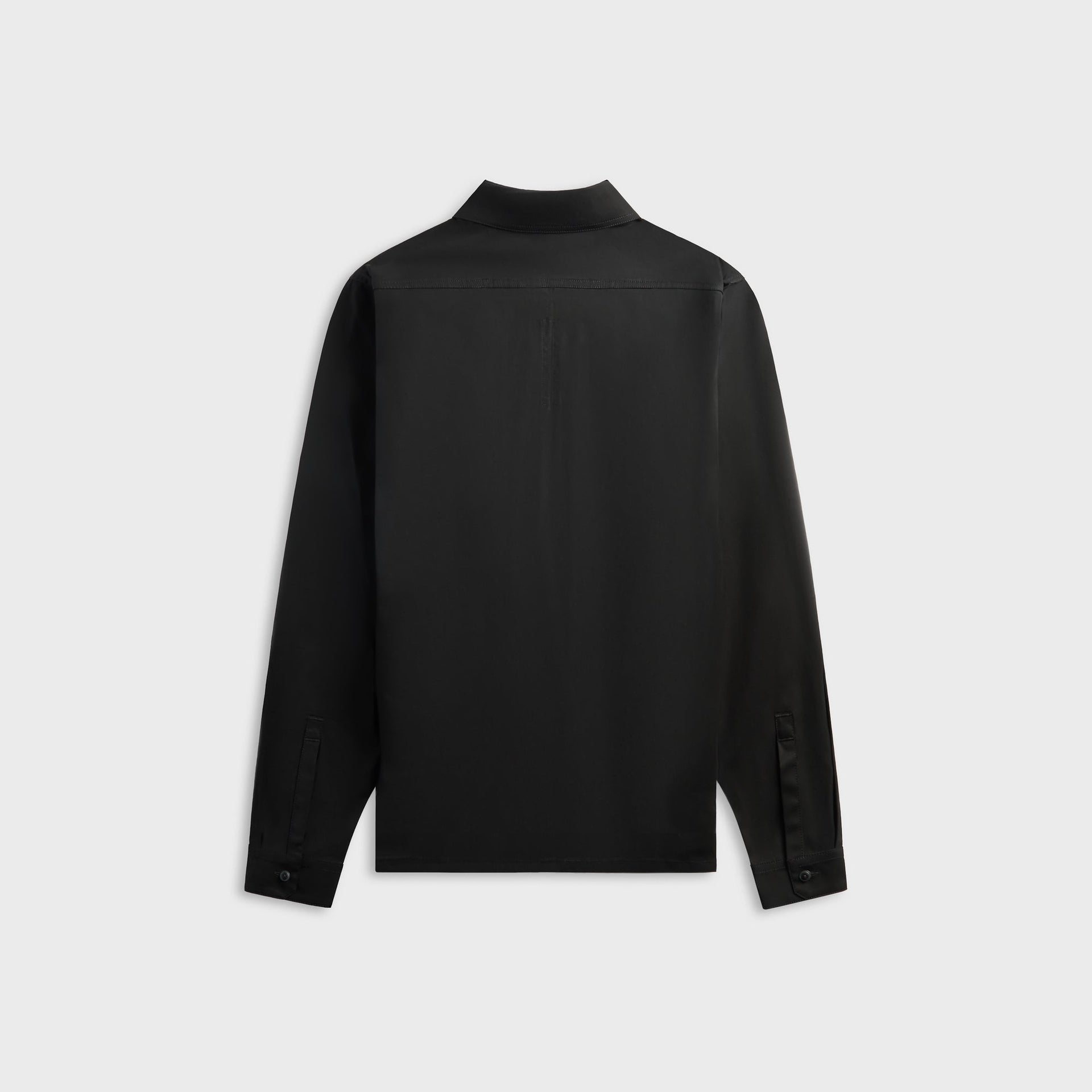 Rick Owens Tower Work Shirt in black, back view showing plain yoke and buttoned barrel cuffs
