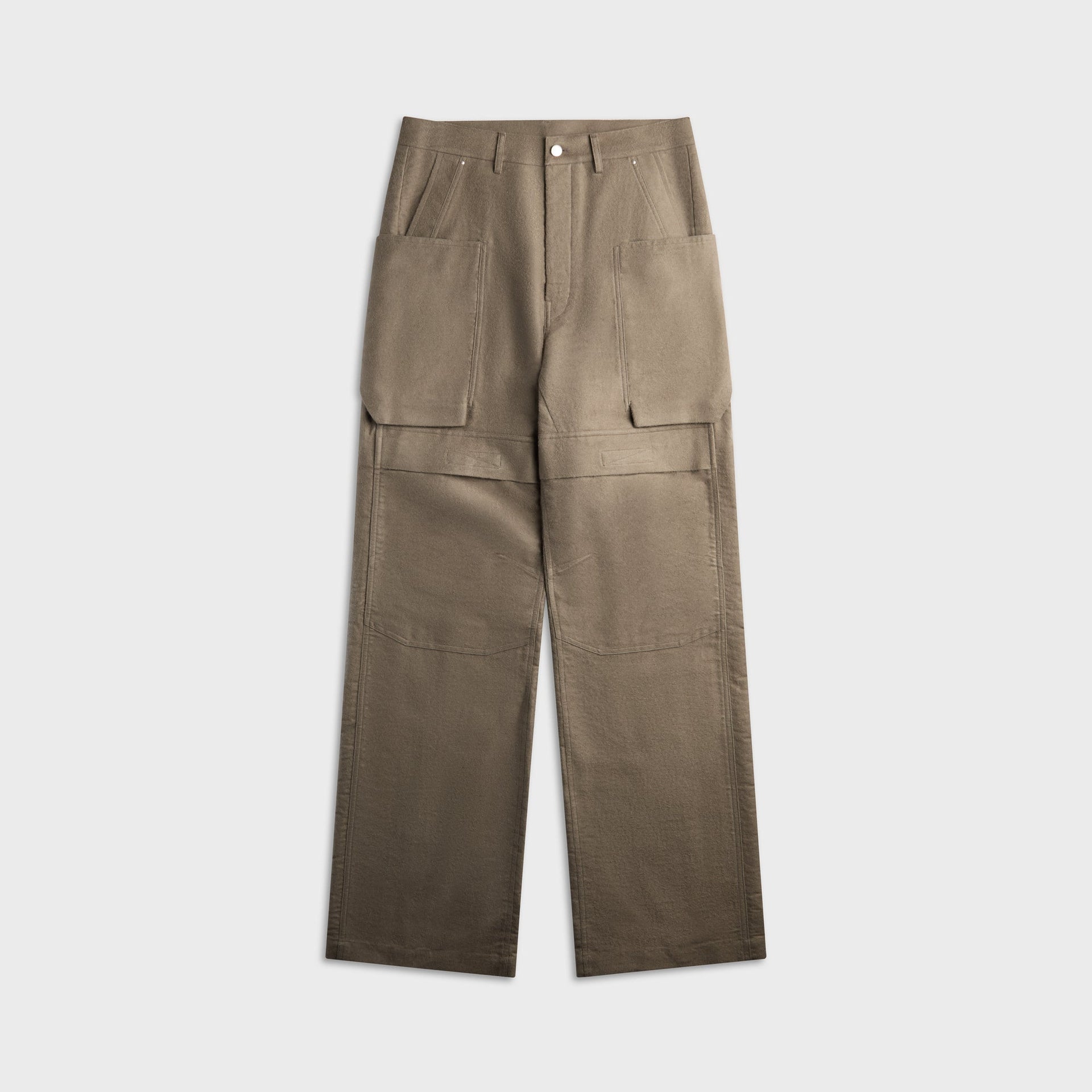 Rick Owens Stefan cargo pant in dust taupe twill, wide-leg with patch cargo pockets, front view, flat lay