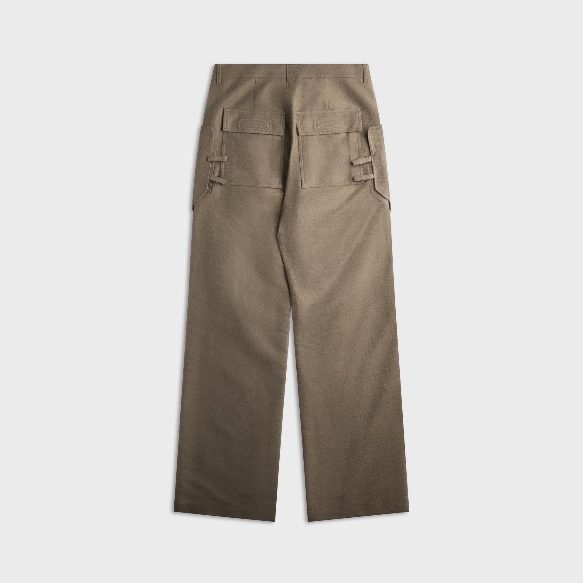 Rick Owens Stefan dust taupe cargo pant, back view with flap pockets, flat lay