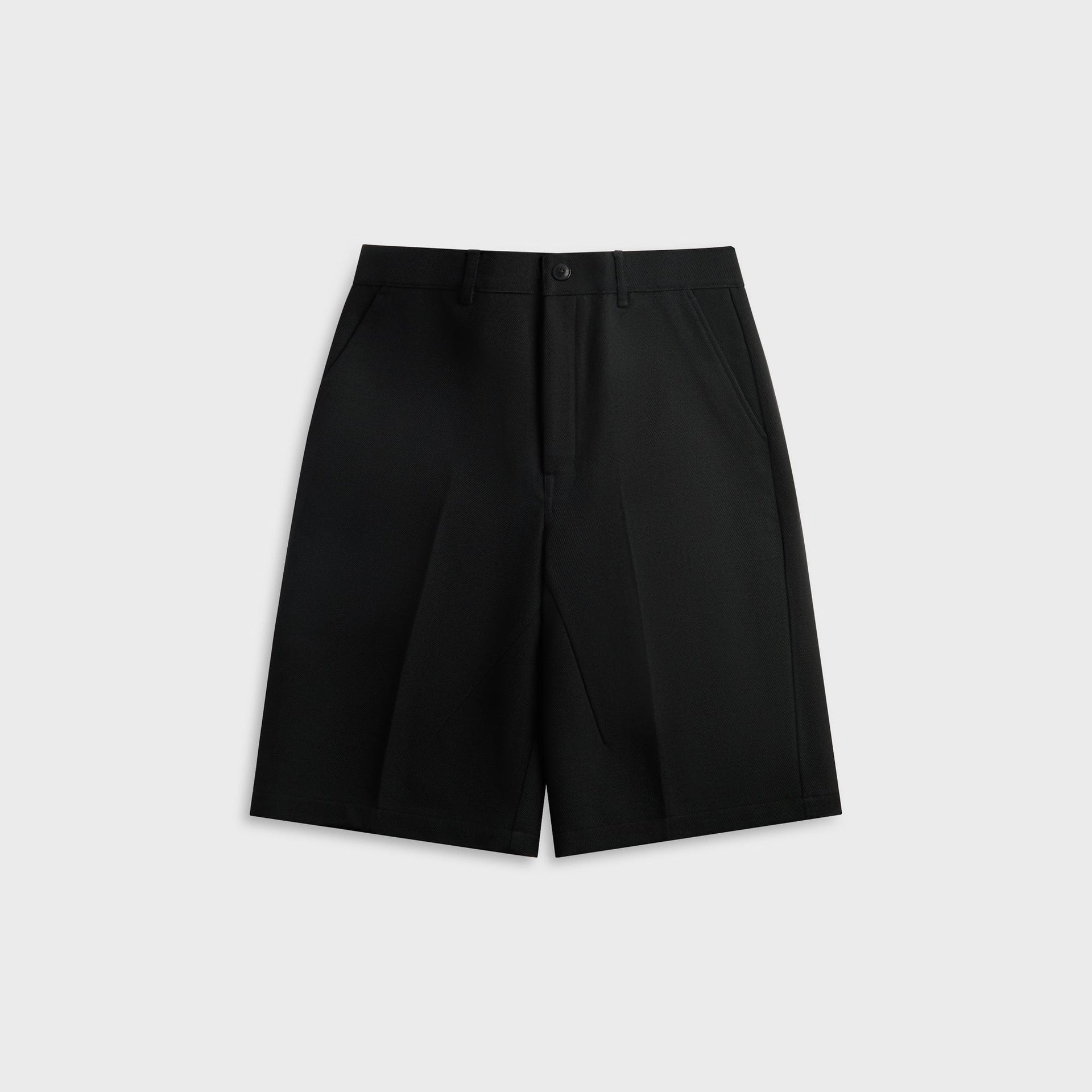 Rick Owens Work Short in black, front view of wide-leg tailored twill shorts with button fly and slant pockets