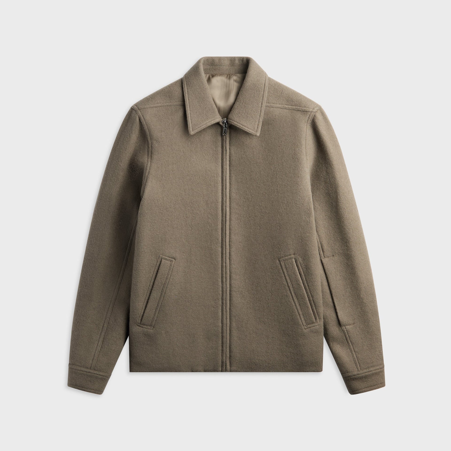Rick Owens Brad jacket in dust taupe wool, front view with point collar, zip front, and slanted pockets