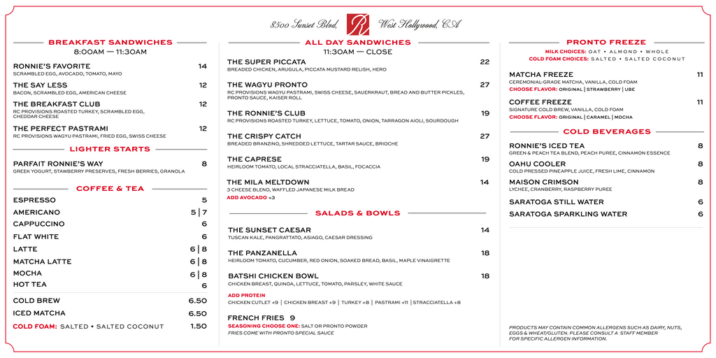 Ronnie's restaurant menu at 8500 Sunset Blvd, West Hollywood: breakfast sandwiches, all-day sandwiches, salads, freezes, and cold beverages with prices