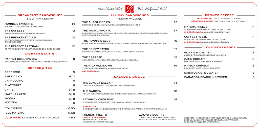 Ronnie's West Hollywood wall menu: breakfast and all-day sandwiches, salads and bowls, coffee and tea, Pronto Freeze and beverages