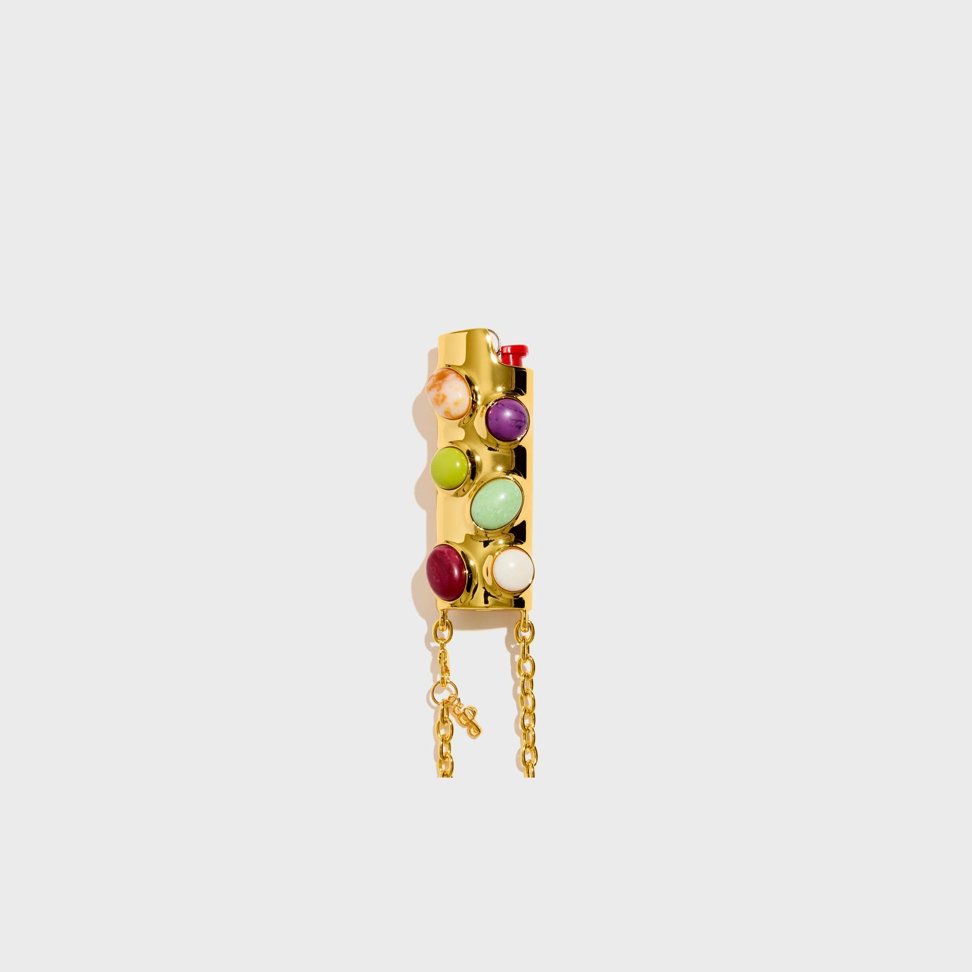Edie Parker Stoned crossbody lighter case, gold case set with multicolor cabochon stones and hanging chain