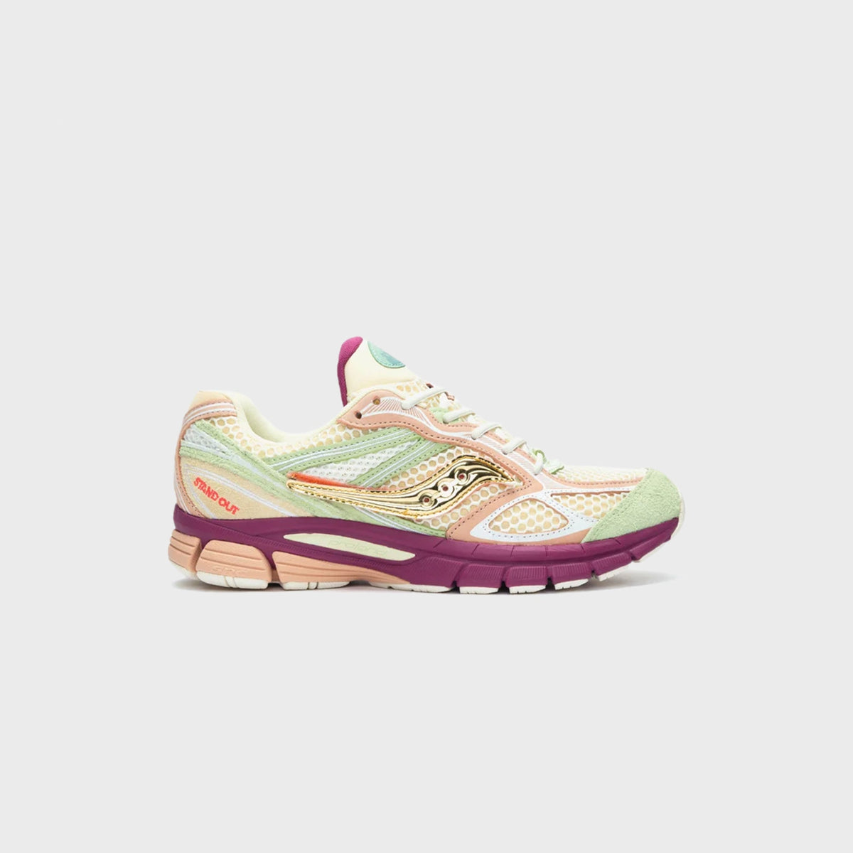 Saucony x Stan Birch ProGrid Guide 7 sneaker in cream, sage green and mauve mesh with gold hardware, outer side view